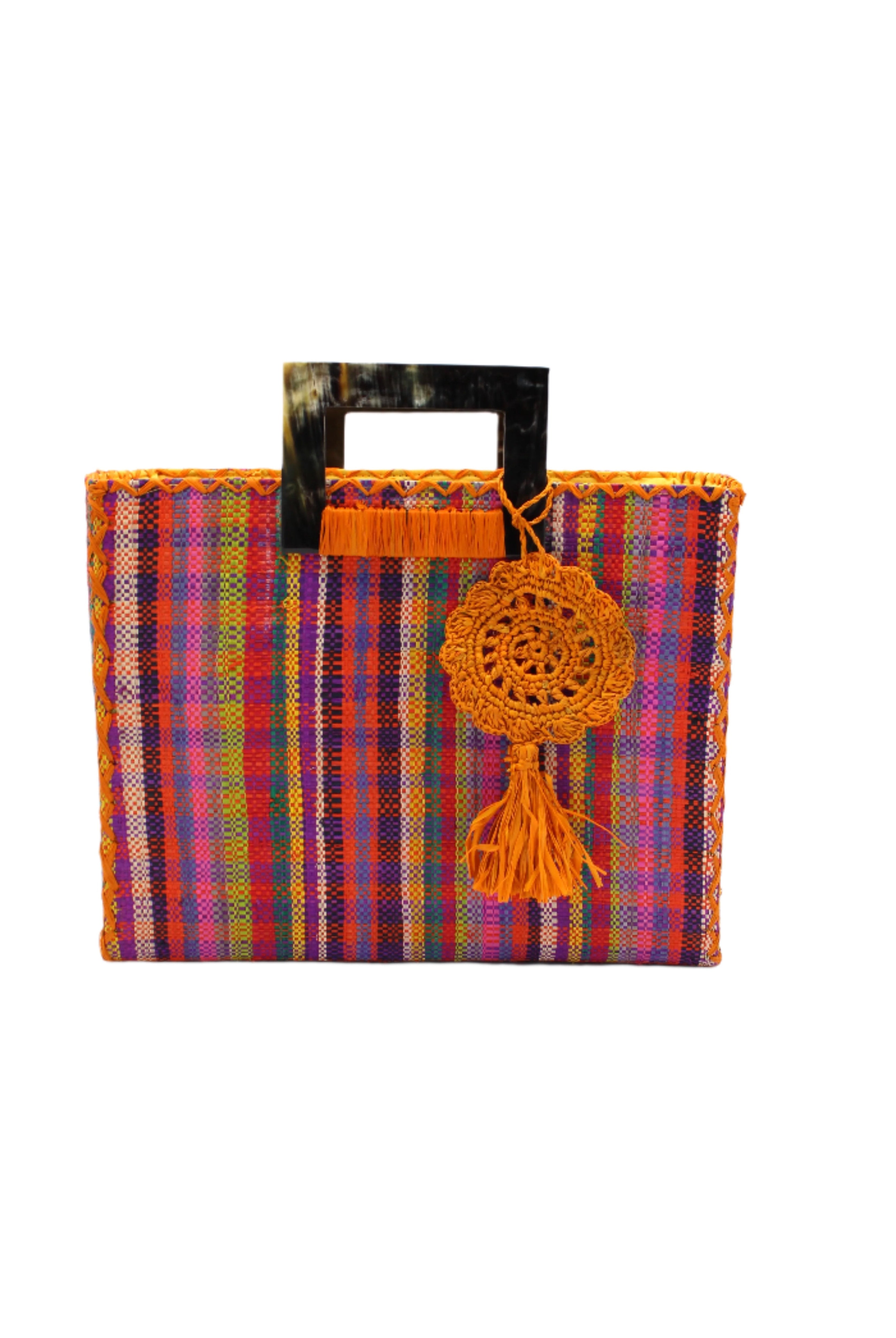 Stevie Square Whidby Gingham Multicolor Straw Handbag with Horn Handles handmade loomed raffia with purple, yellow, saffron, natural, red, green, blue, pink, etc. petite gingham plaid pattern purse with matching purple liner, cross stitch edging, handle attachment, and crochet doily tassel charm embellishment - Shebobo