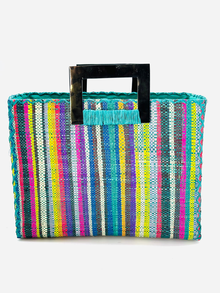 Stevie Square Turquoise Stripes Multicolor Straw Handbag with Horn Handles handmade loomed raffia with turquoise, navy, light blue, purple, red, black, fuchsia, orange, yellow, lime, etc. varying width vertical stripe pattern purse with matching turquoise liner, cross stitch edging, and handle attachment - Shebobo