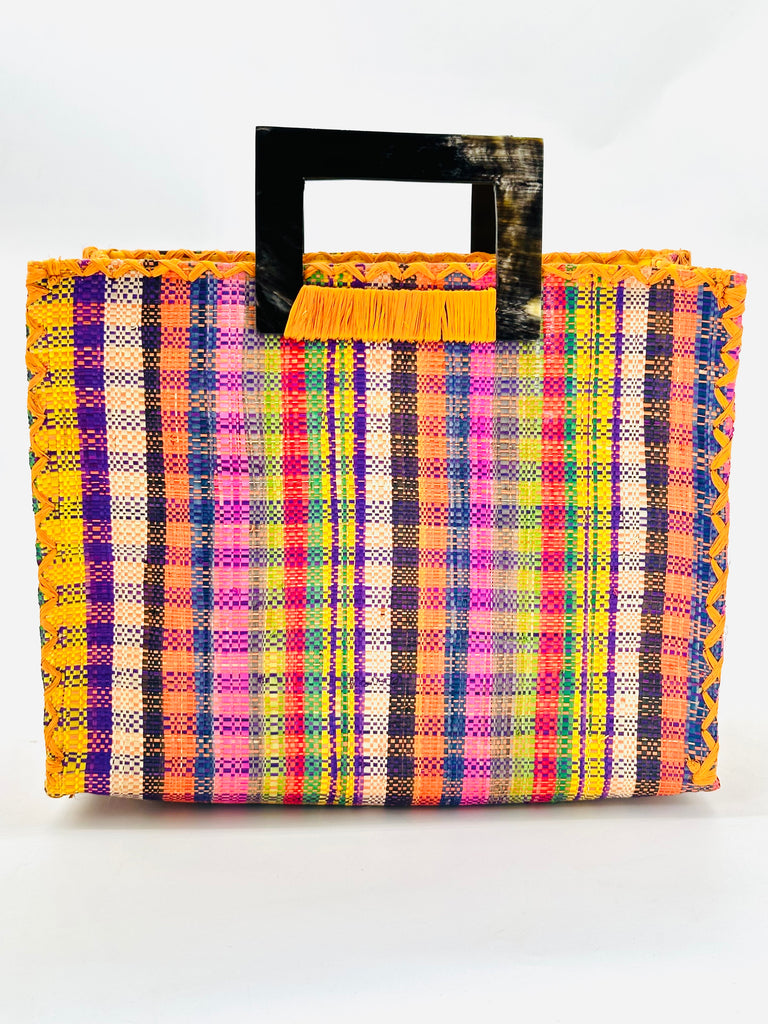 Stevie Square Whidby Gingham Multicolor Straw Handbag with Horn Handles handmade loomed raffia with purple, yellow, saffron, natural, red, green, blue, pink, etc. petite gingham plaid pattern purse with matching purple liner, cross stitch edging, and handle attachment - Shebobo