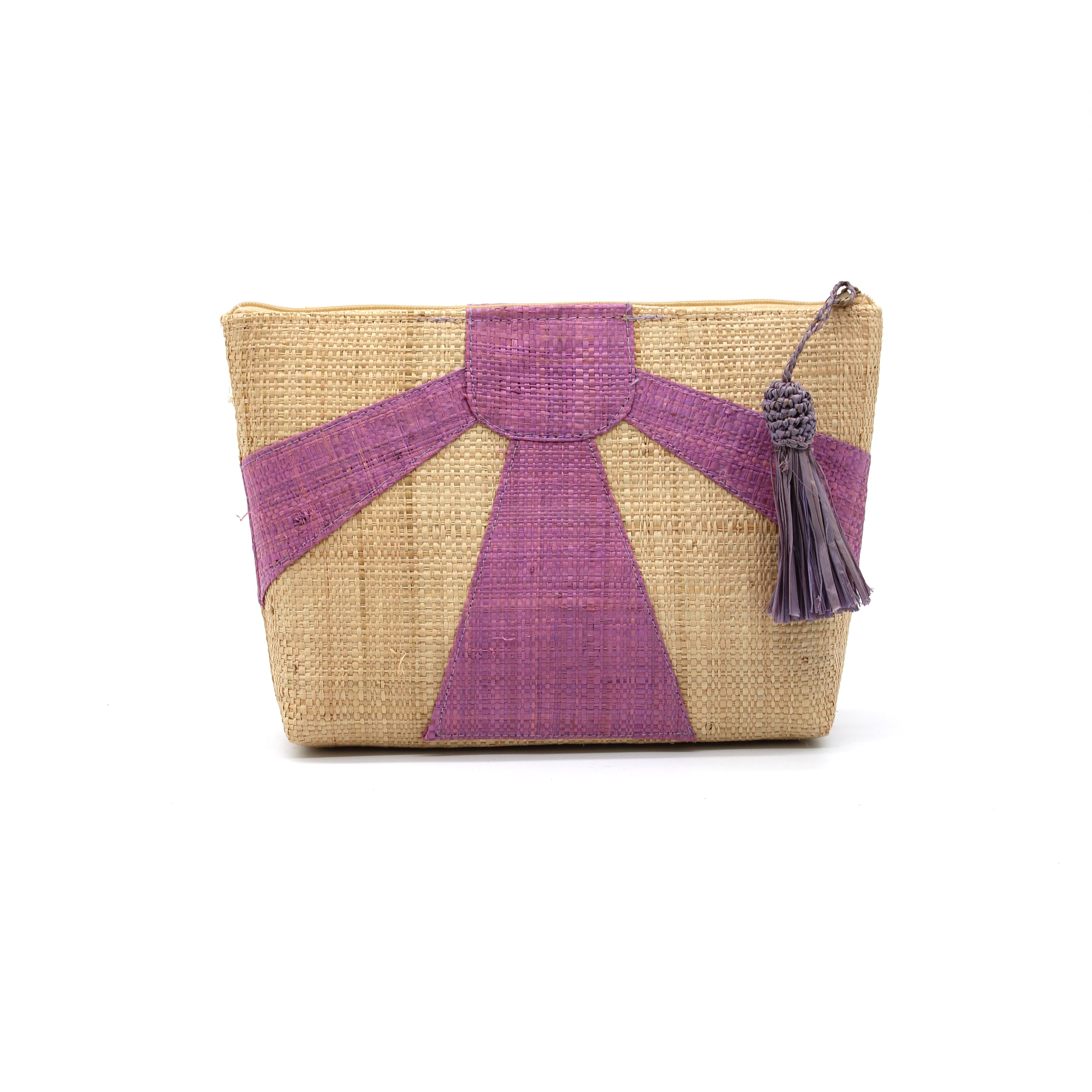 Sunburst Cosmetic Clutch with Tassel Zipper Pull handmade zippered pouch purse with sunburst pattern of wisteria pink/purple on natural loomed raffia palm fibers and matching colored tassel pull handbag - Shebobo