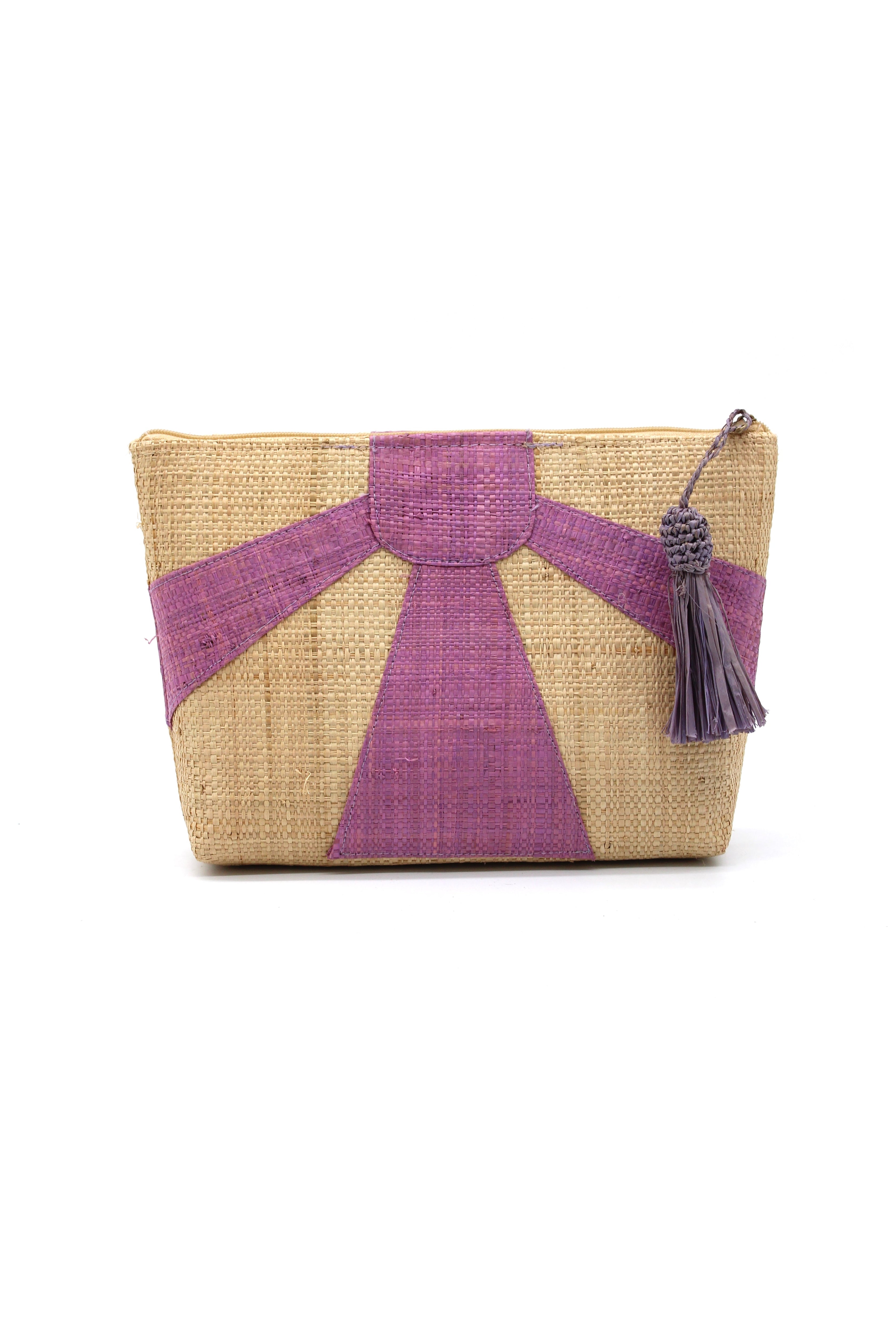 Sunburst Cosmetic Clutch with Tassel Zipper Pull handmade zippered pouch purse with sunburst pattern of wisteria pink/purple on natural loomed raffia palm fibers and matching colored tassel pull handbag - Shebobo