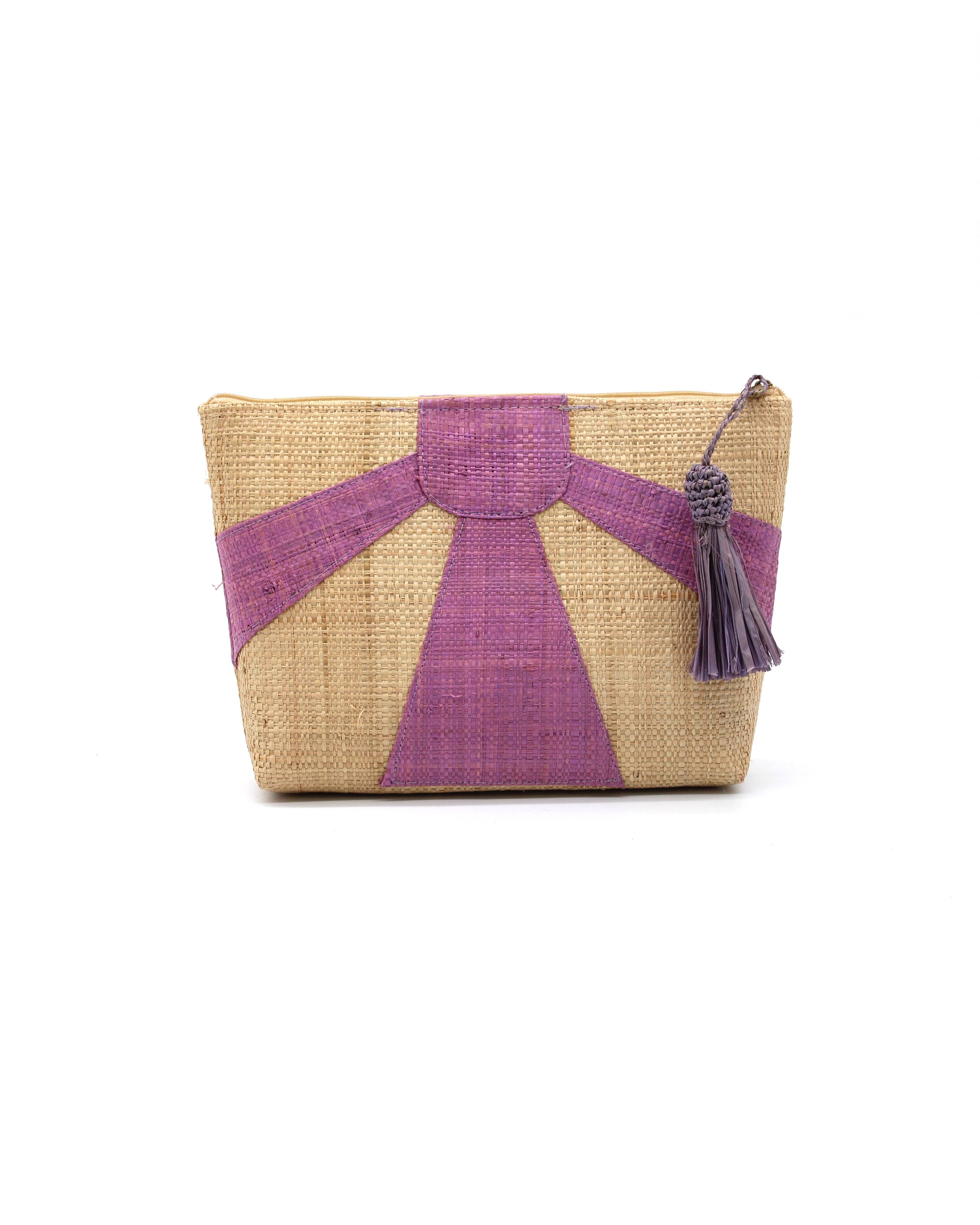 Sunburst Cosmetic Clutch with Tassel Zipper Pull handmade zippered pouch purse with sunburst pattern of wisteria pink/purple on natural loomed raffia palm fibers and matching colored tassel pull handbag - Shebobo