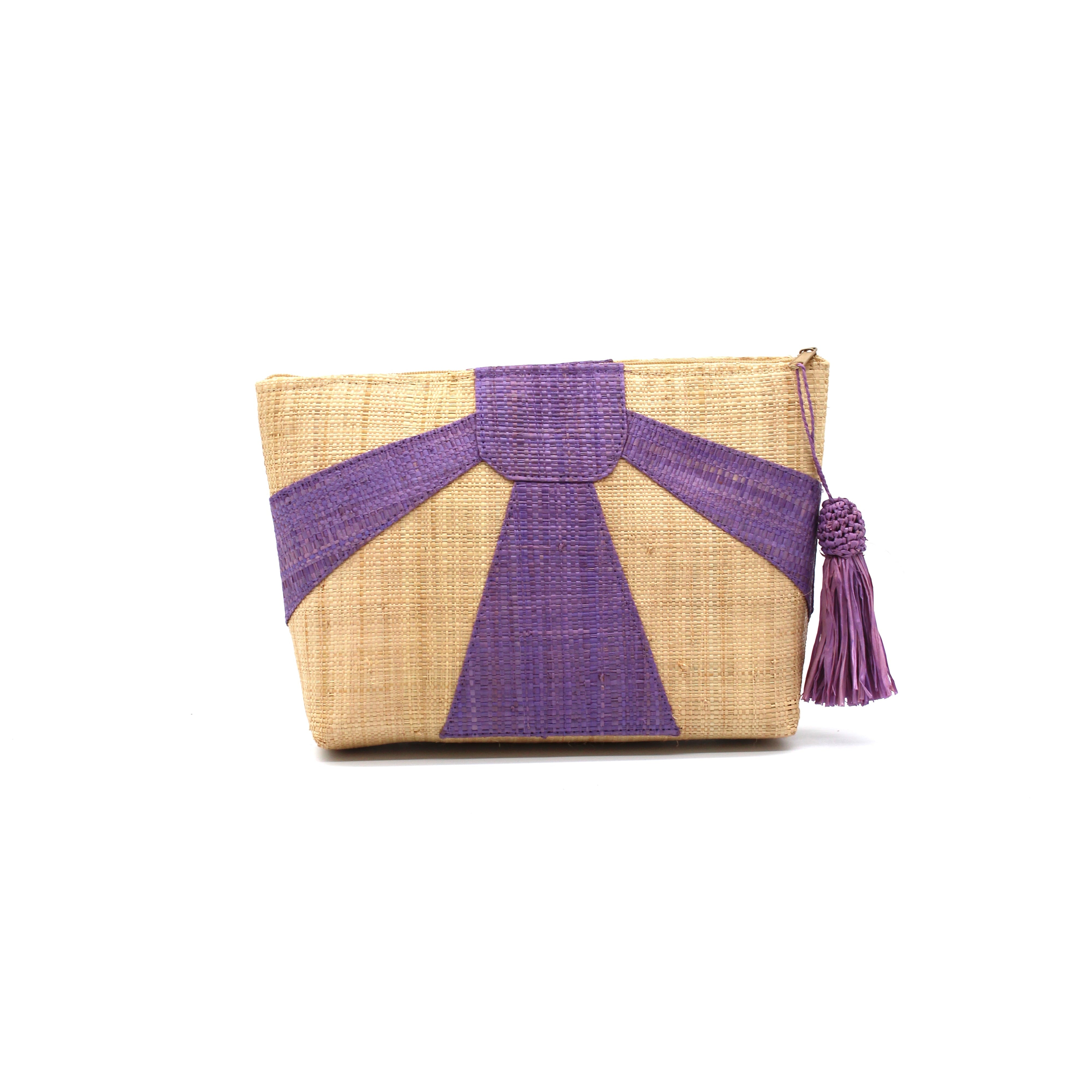 Sunburst Cosmetic Clutch with Tassel Zipper Pull handmade zippered pouch purse with sunburst pattern of amethyst/lavender blue/purple on natural loomed raffia palm fibers and matching colored tassel pull handbag - Shebobo