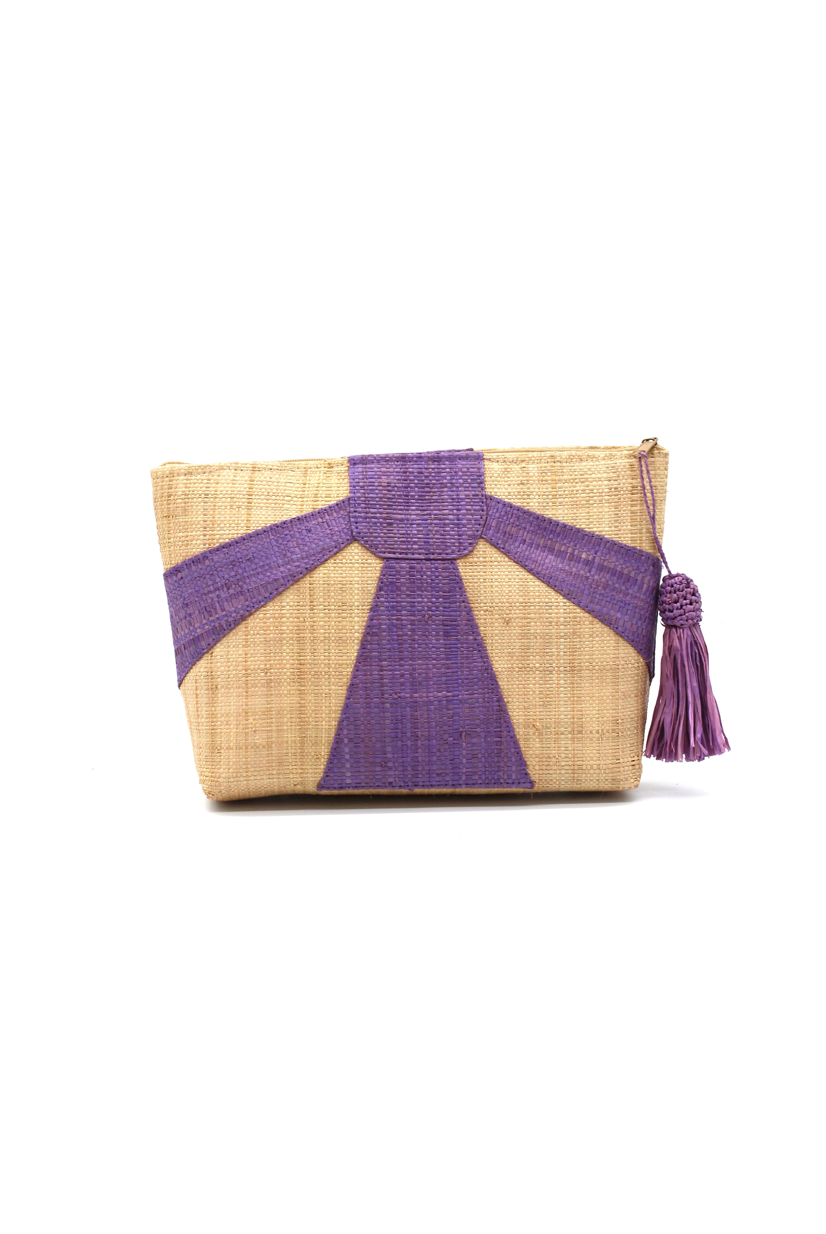 Sunburst Cosmetic Clutch with Tassel Zipper Pull handmade zippered pouch purse with sunburst pattern of amethyst/lavender blue/purple on natural loomed raffia palm fibers and matching colored tassel pull handbag - Shebobo