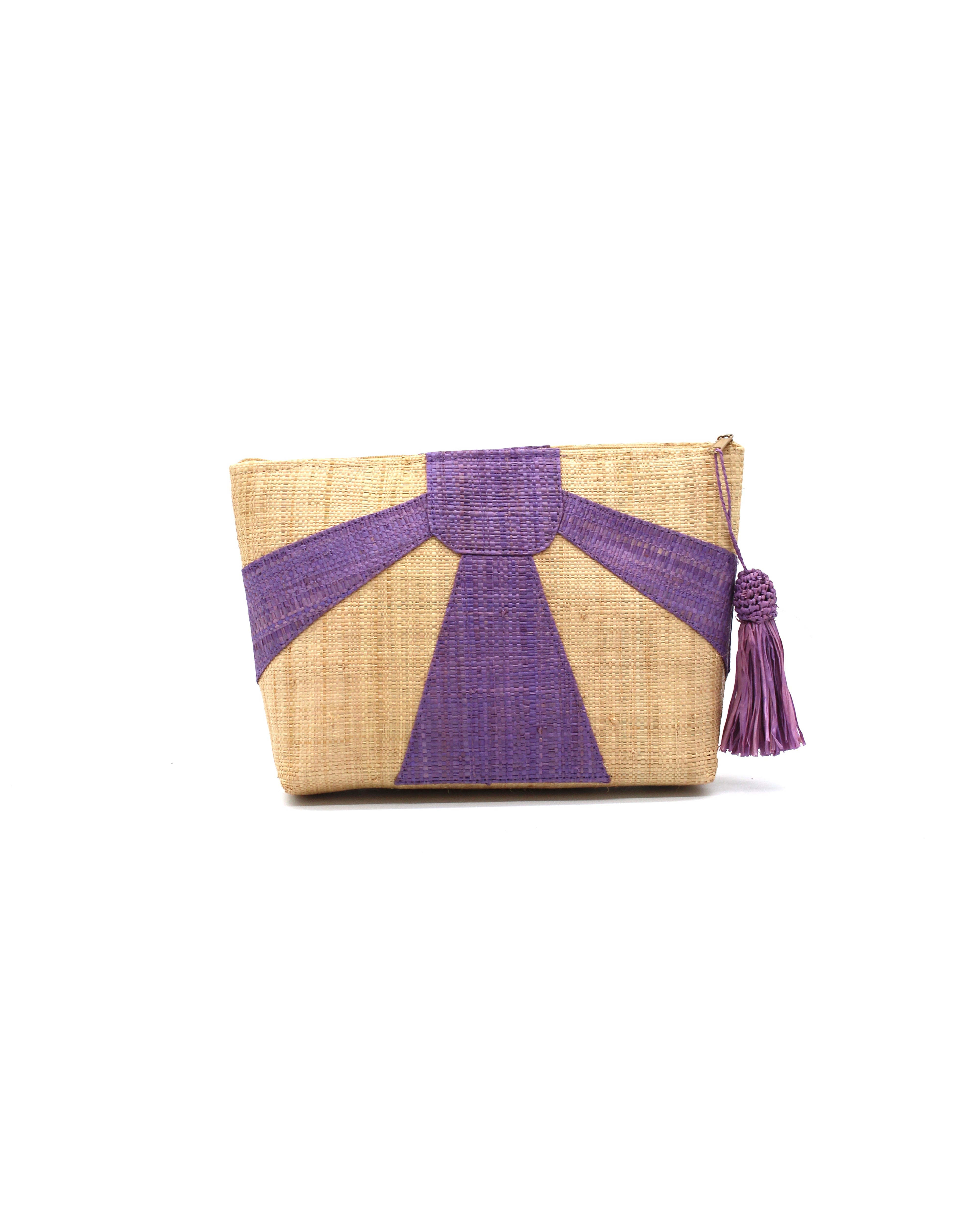 Sunburst Cosmetic Clutch with Tassel Zipper Pull handmade zippered pouch purse with sunburst pattern of amethyst/lavender blue/purple on natural loomed raffia palm fibers and matching colored tassel pull handbag - Shebobo