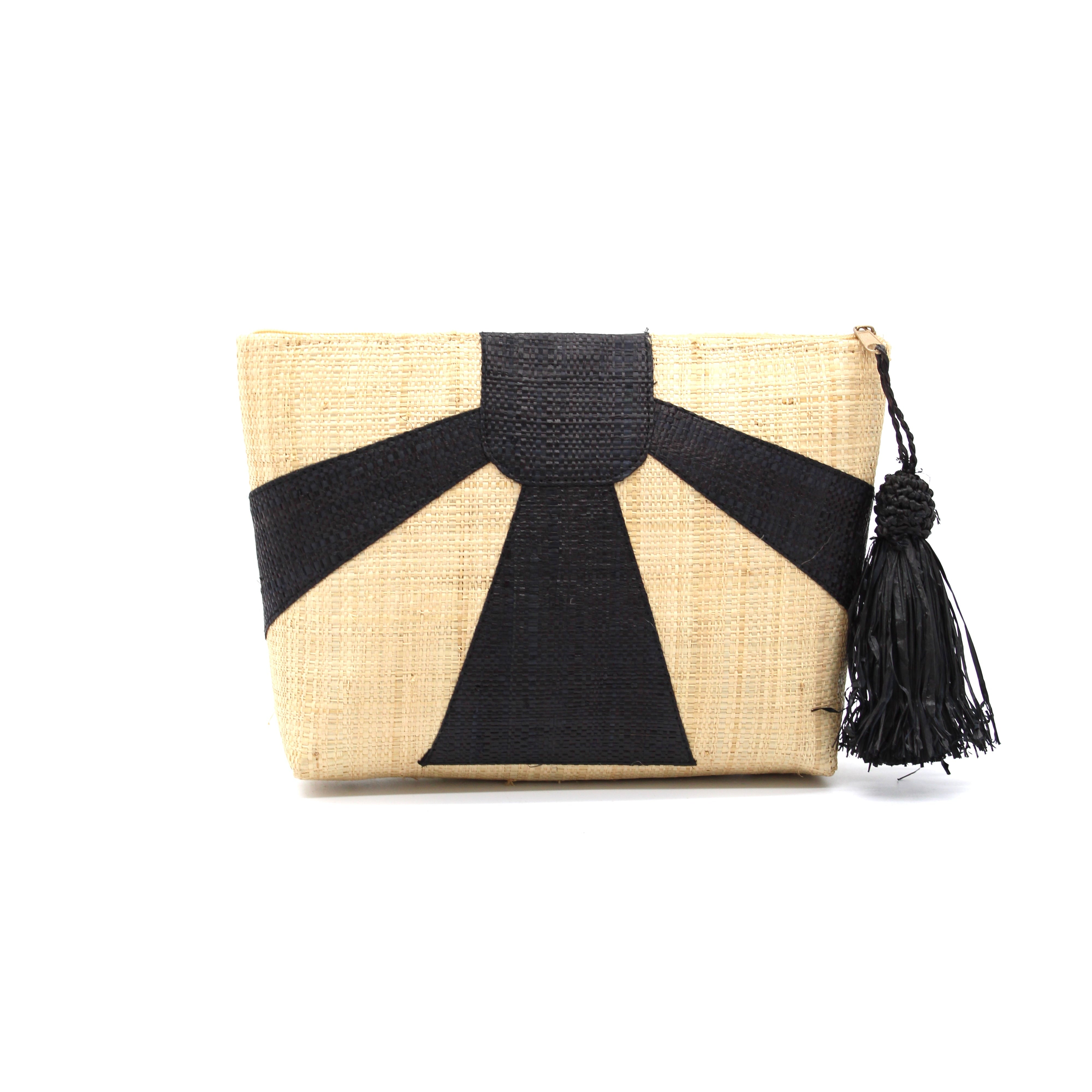 Sunburst Cosmetic Clutch with Tassel Zipper Pull handmade zippered pouch purse with sunburst pattern of black on natural loomed raffia palm fibers and matching colored tassel pull handbag - Shebobo