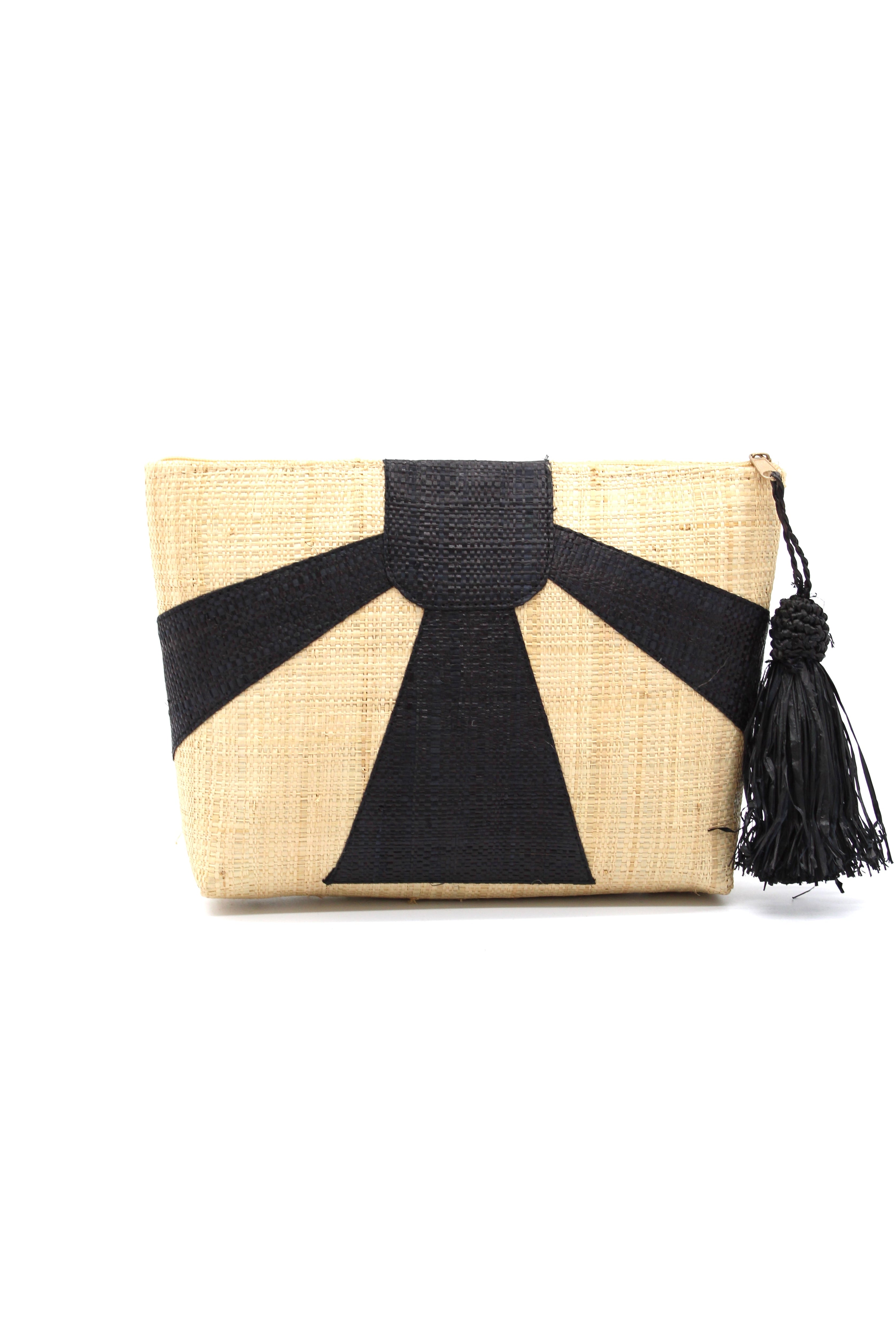 Sunburst Cosmetic Clutch with Tassel Zipper Pull handmade zippered pouch purse with sunburst pattern of black on natural loomed raffia palm fibers and matching colored tassel pull handbag - Shebobo