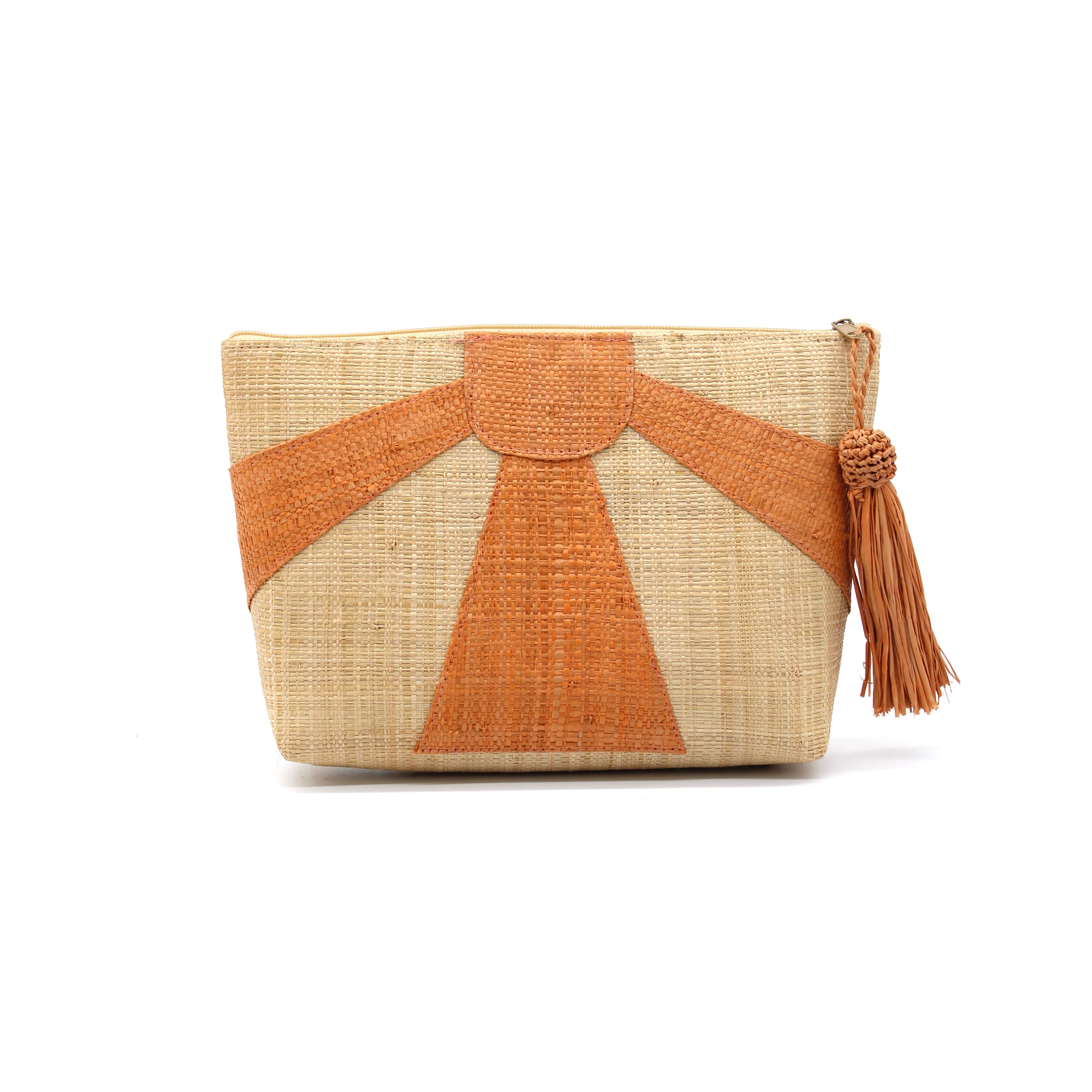 Sunburst Cosmetic Clutch with Tassel Zipper Pull handmade zippered pouch purse with sunburst pattern of blush orange/pink on natural loomed raffia palm fibers and matching colored tassel pull handbag - Shebobo