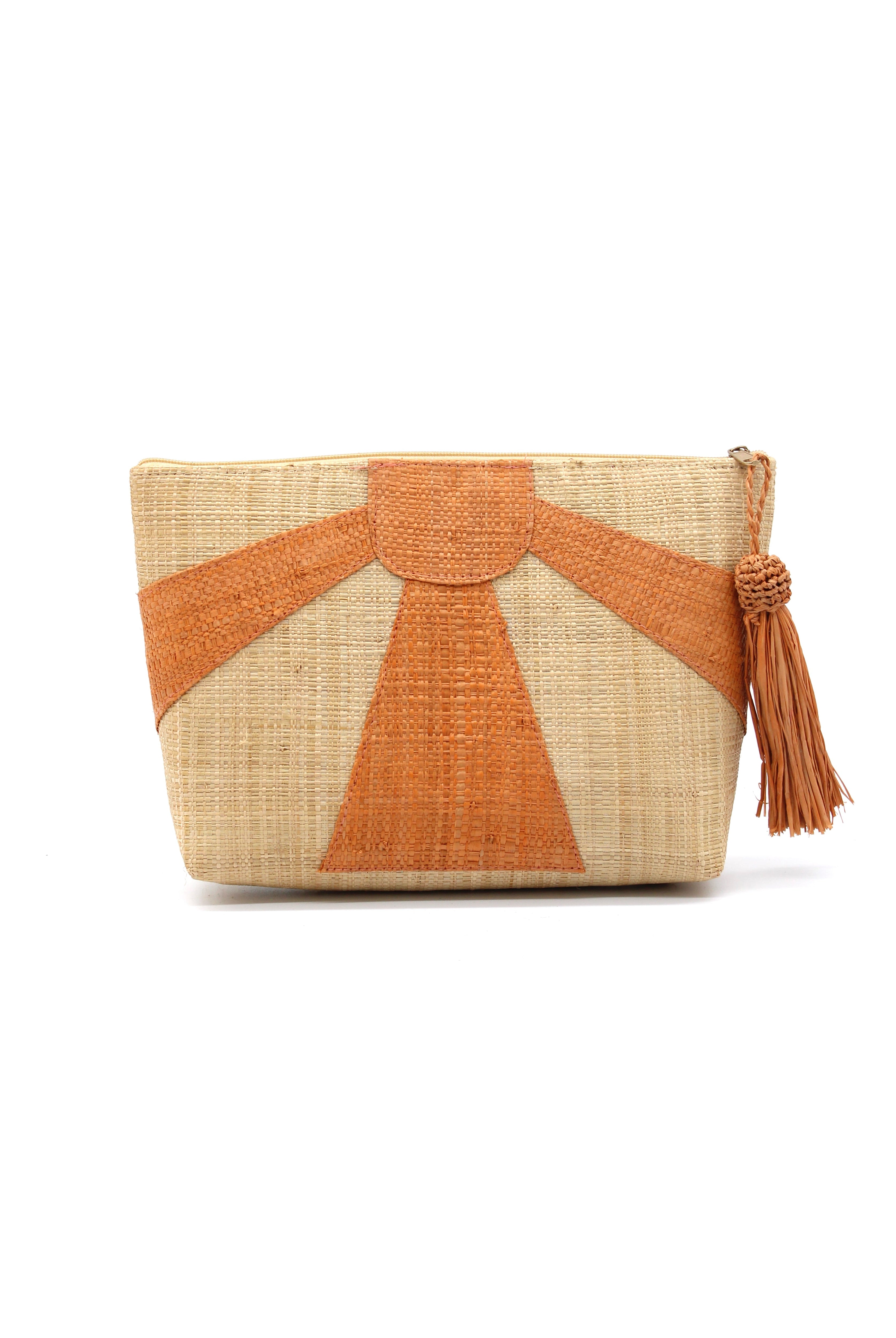 Sunburst Cosmetic Clutch with Tassel Zipper Pull handmade zippered pouch purse with sunburst pattern of blush orange/pink on natural loomed raffia palm fibers and matching colored tassel pull handbag - Shebobo