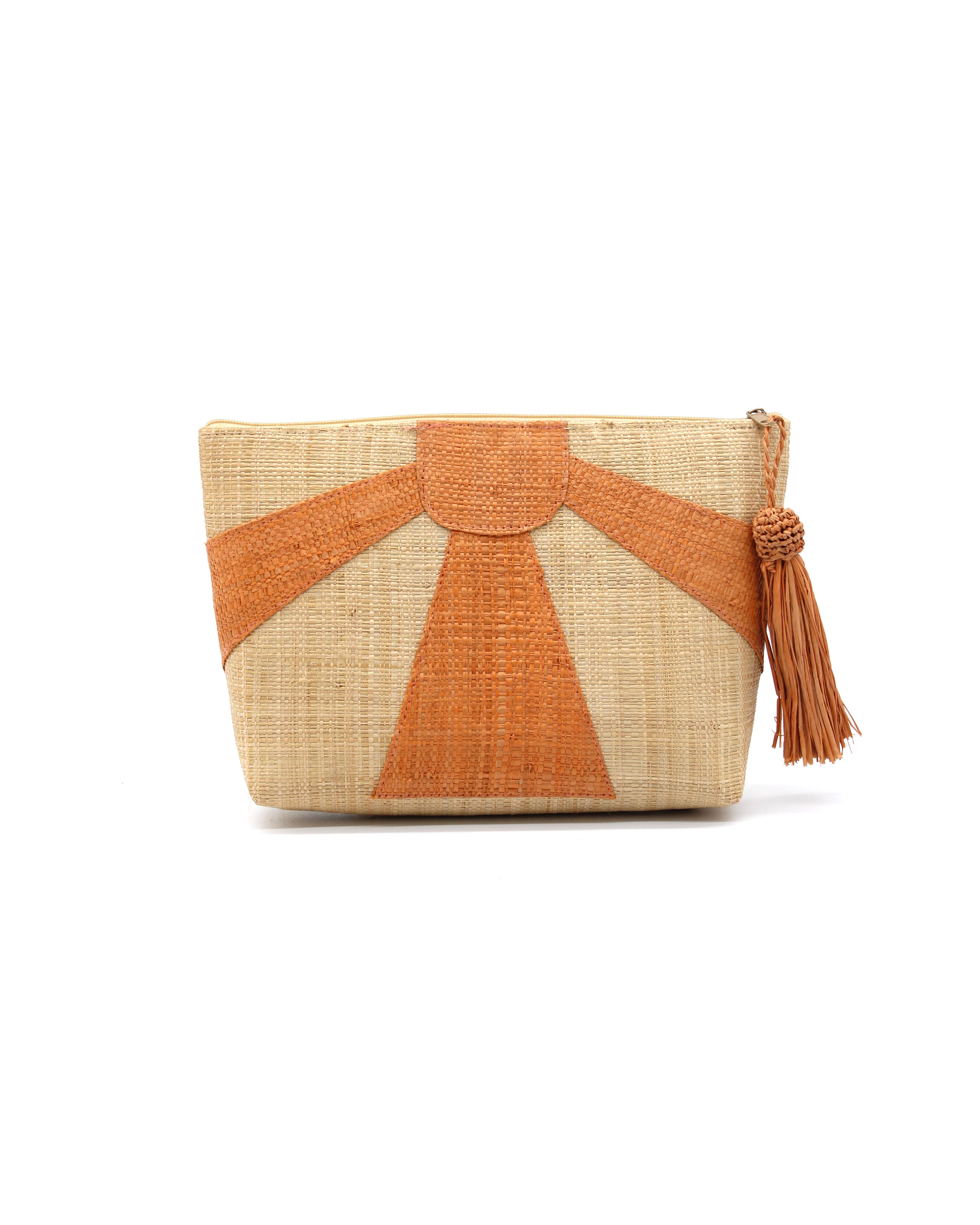 Sunburst Cosmetic Clutch with Tassel Zipper Pull handmade zippered pouch purse with sunburst pattern of blush orange/pink on natural loomed raffia palm fibers and matching colored tassel pull handbag - Shebobo