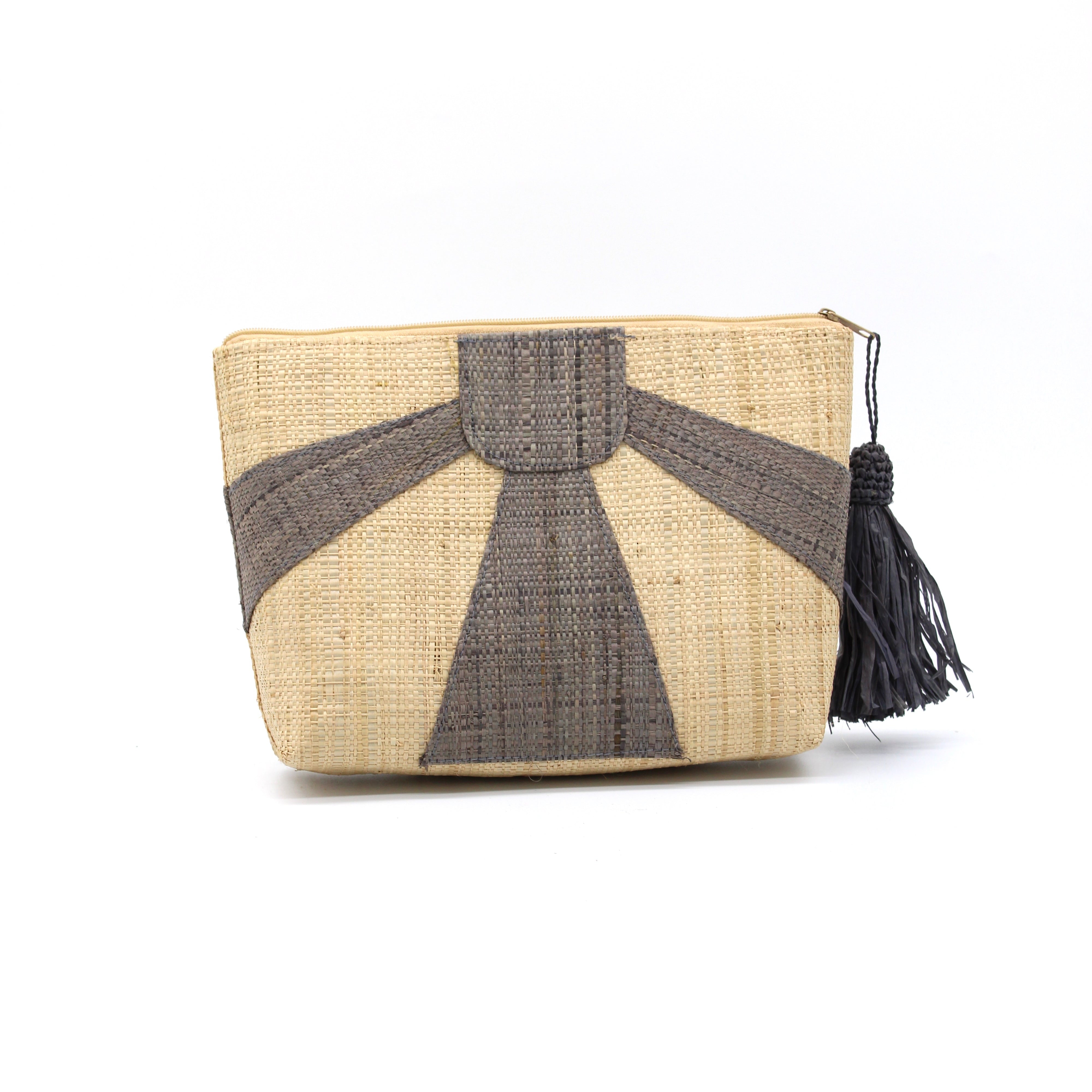 Sunburst Cosmetic Clutch with Tassel Zipper Pull handmade zippered pouch purse with sunburst pattern of grey on natural loomed raffia palm fibers and matching colored tassel pull handbag - Shebobo