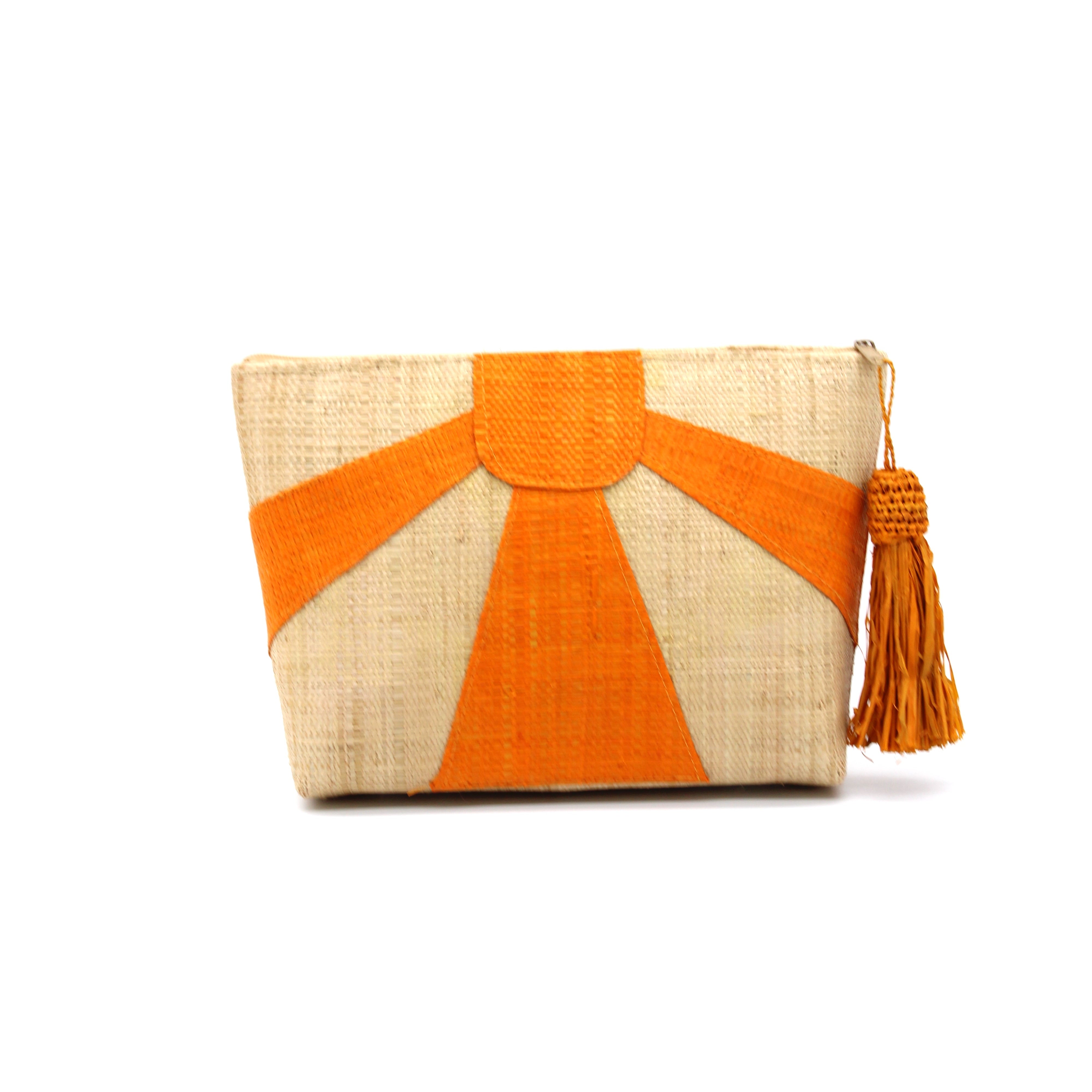 Sunburst Cosmetic Clutch with Tassel Zipper Pull handmade zippered pouch purse with sunburst pattern of saffron yellow on natural loomed raffia palm fibers and matching colored tassel pull handbag - Shebobo