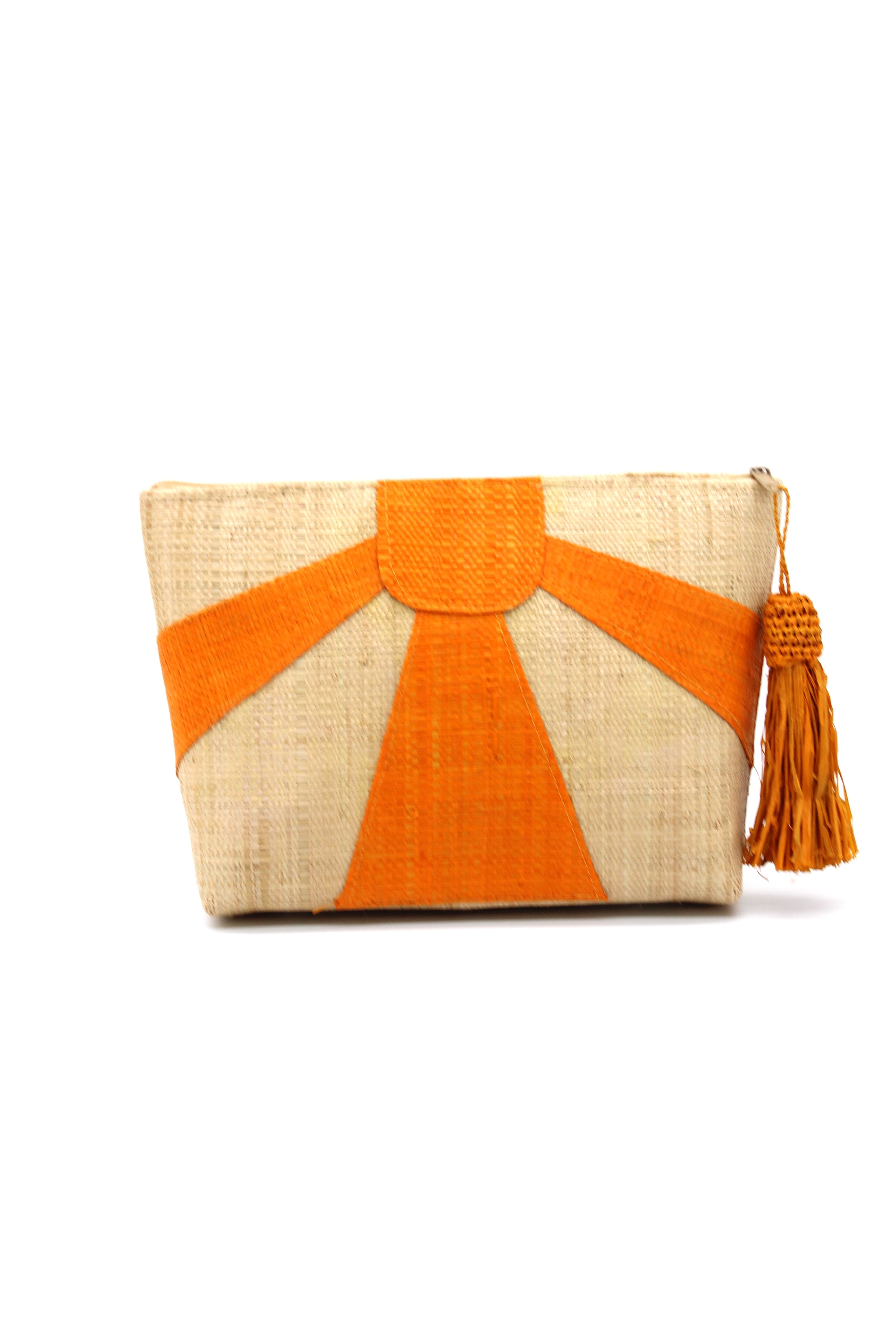 Sunburst Cosmetic Clutch with Tassel Zipper Pull handmade zippered pouch purse with sunburst pattern of saffron yellow on natural loomed raffia palm fibers and matching colored tassel pull handbag - Shebobo