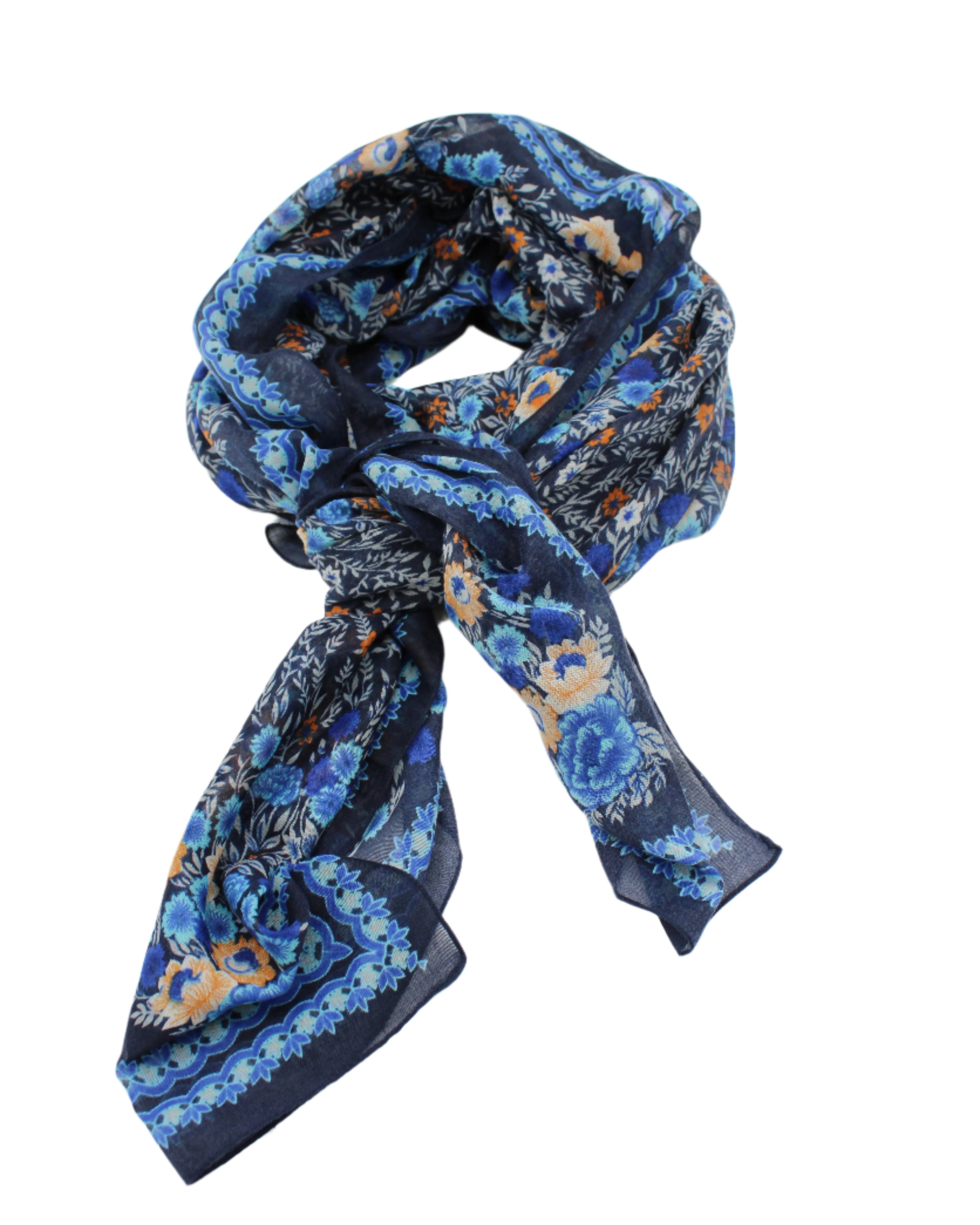 Sweet Meadow Scarf Wrap Blue Multicolor Floral Pattern with black, white, blue, turquoise, orange, etc. - Shebobo