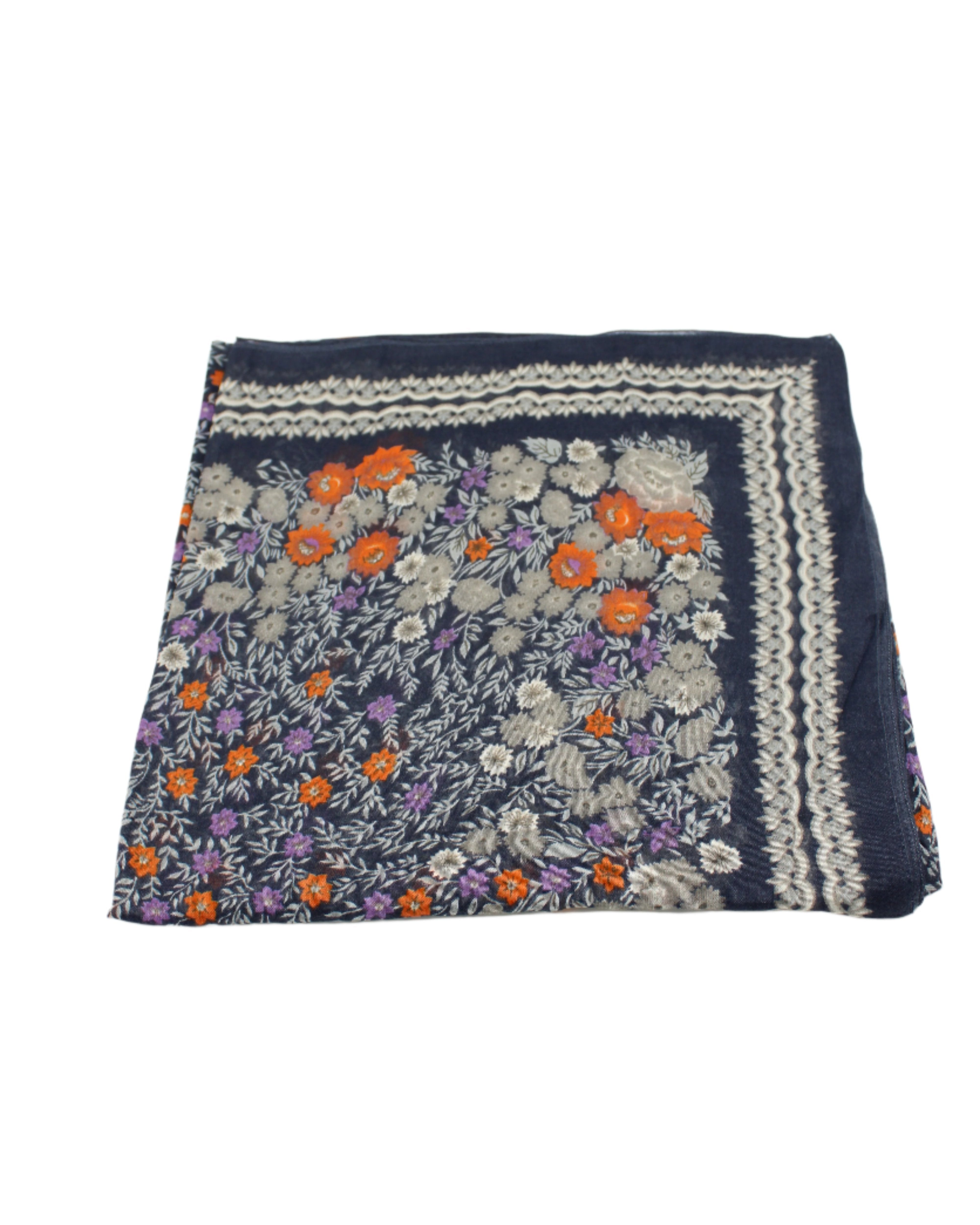Detail view of pattern Sweet Meadow Scarf Wrap Grey Multicolor Floral Pattern with black, white, grey, orange, purple, navy blue, etc. - Shebobo