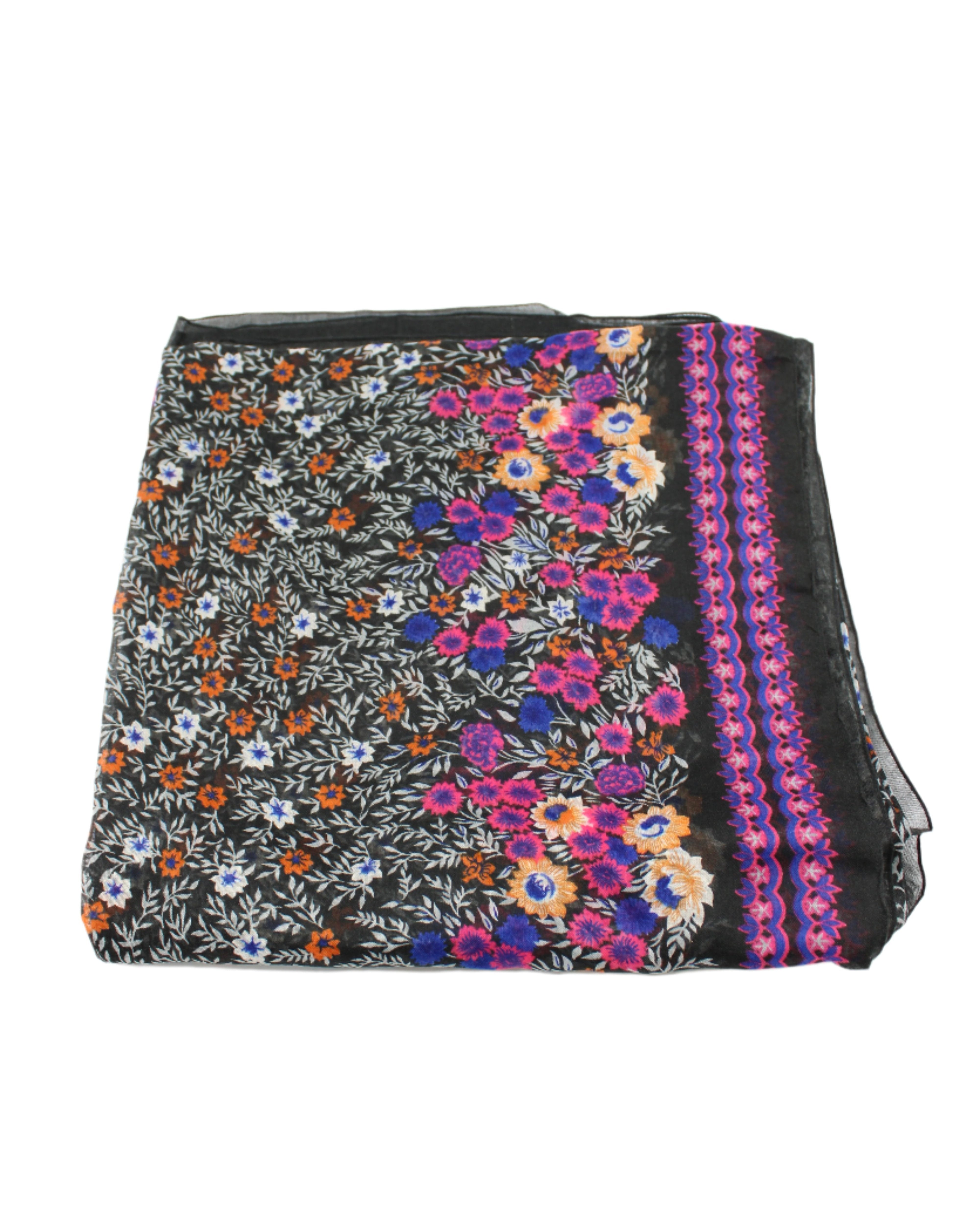 Detail view of pattern Sweet Meadow Scarf Wrap Pink Multicolor Floral Pattern with black, white, blue, purple, orange, etc. - Shebobo