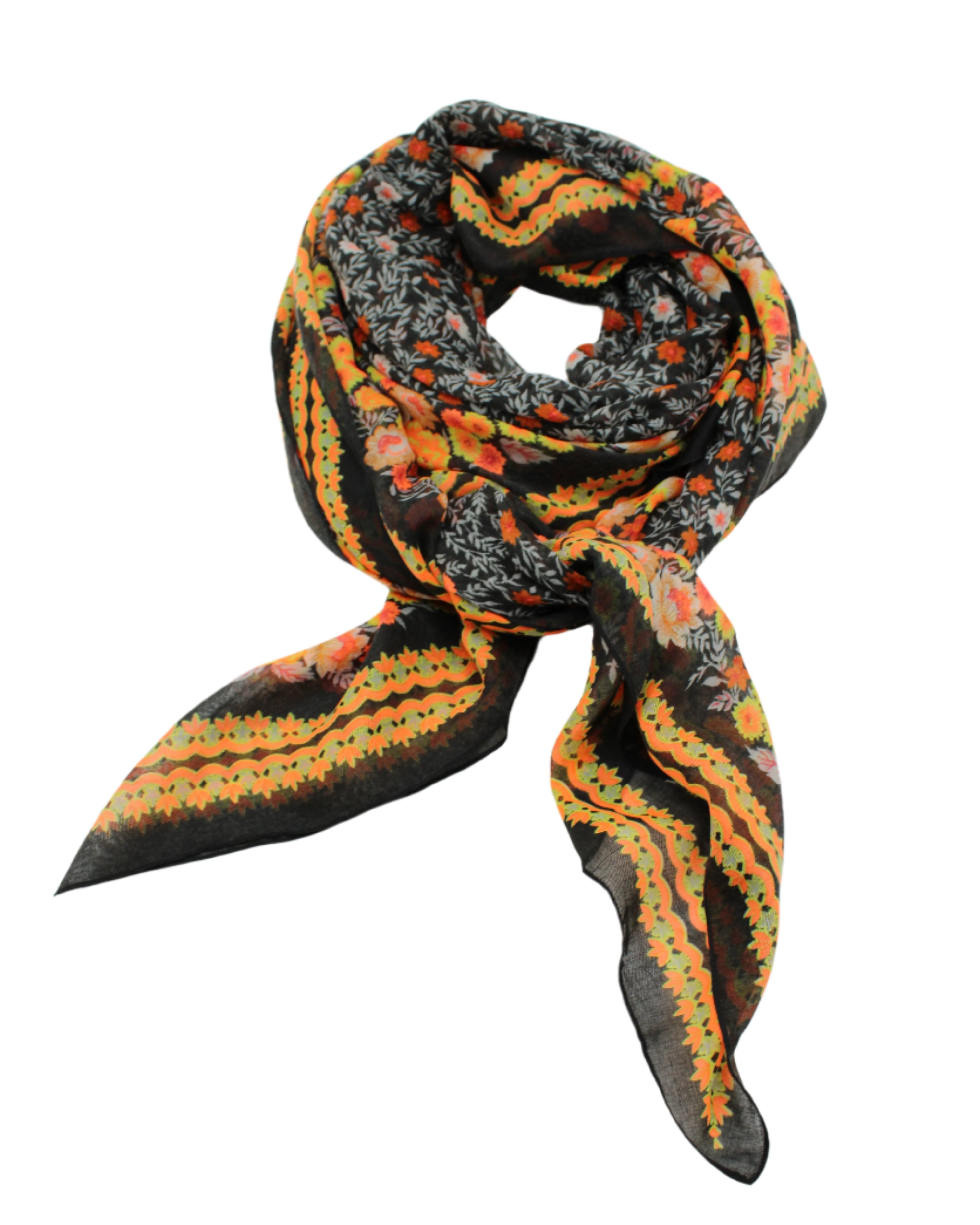 Sweet Meadow Scarf Wrap Orange Multicolor Floral Pattern with black, white, orange, yellow, etc. - Shebobo
