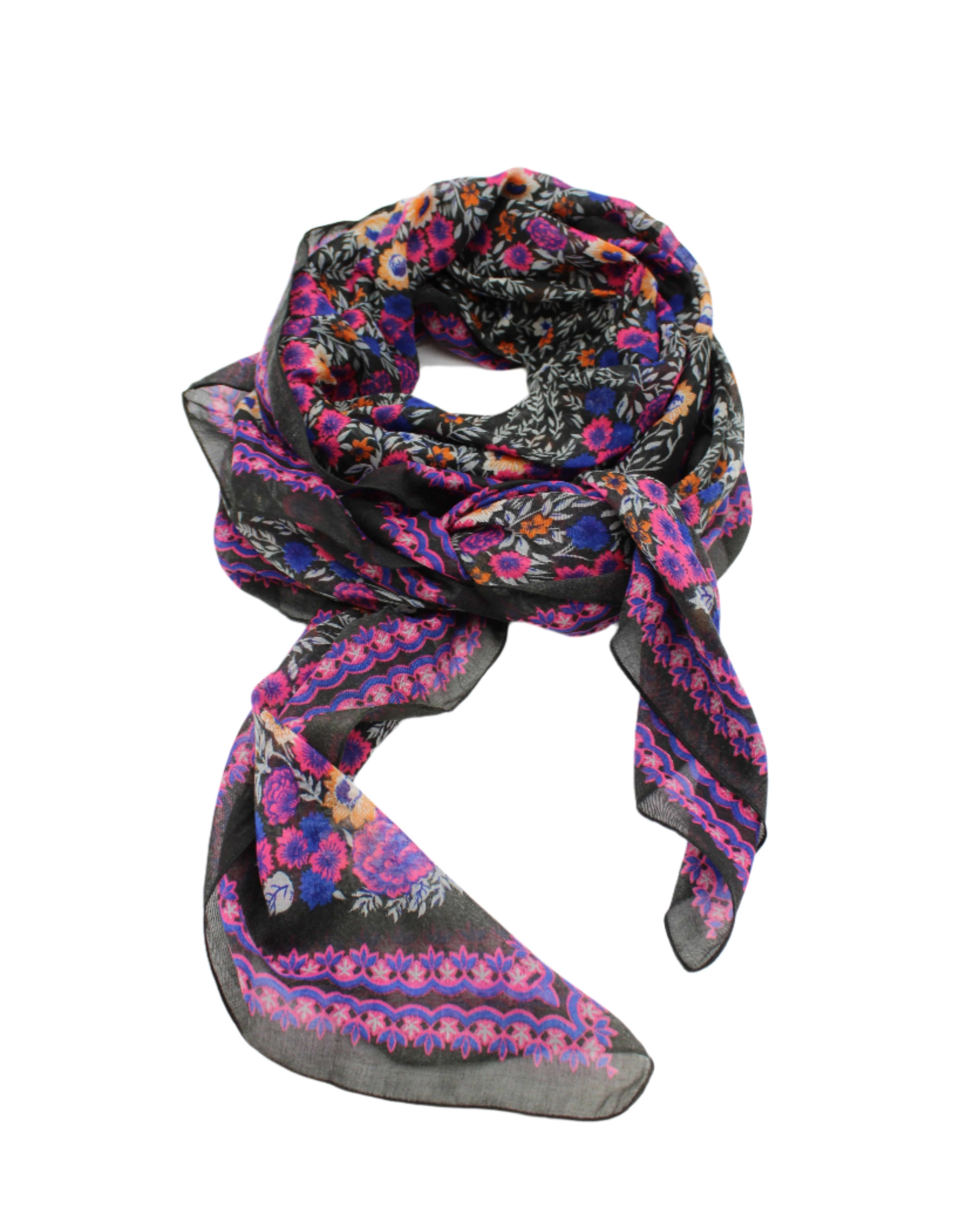 Sweet Meadow Scarf Wrap Pink Multicolor Floral Pattern with black, white, blue, purple, orange, etc. - Shebobo