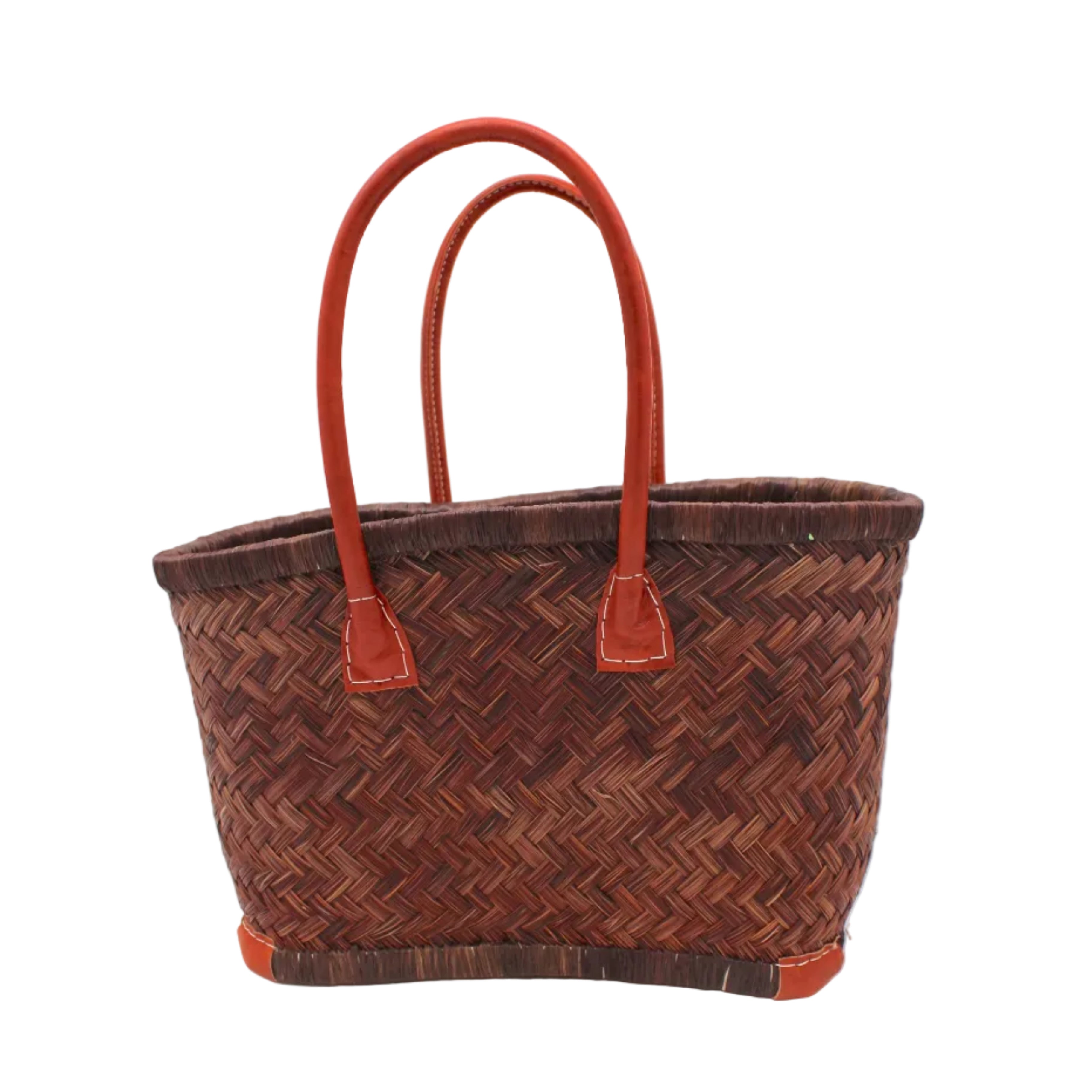 Tan Tan Woven Rush Straw Basket Tote Bag handmade woven natural rush fibers in a solid hue of espresso dark/chocolate/brown with matching looped raffia palm fiber top and bottom edging plus leather handles and feet handbag beach bag - Shebobo