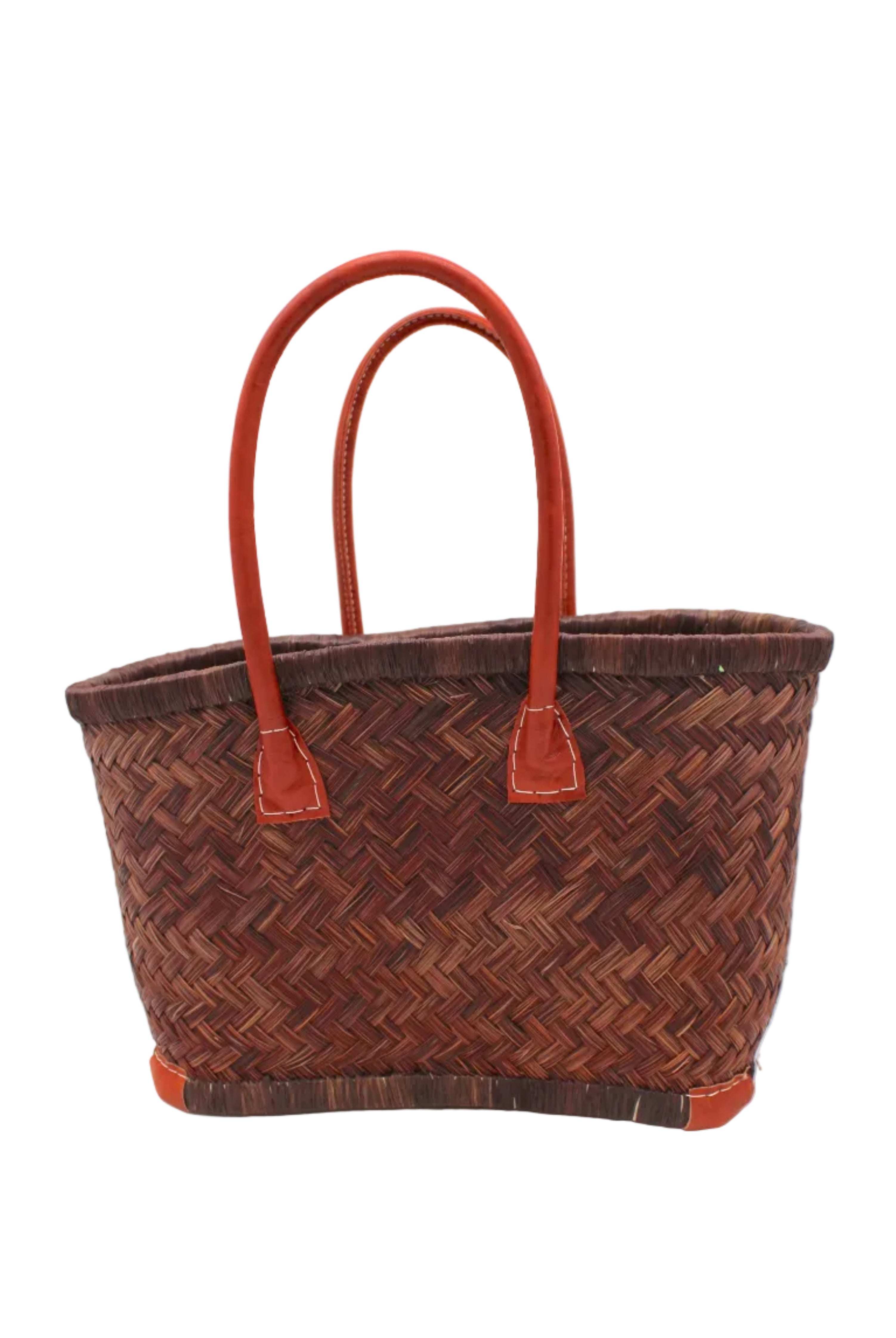 Tan Tan Woven Rush Straw Basket Tote Bag handmade woven natural rush fibers in a solid hue of espresso dark/chocolate/brown with matching looped raffia palm fiber top and bottom edging plus leather handles and feet handbag beach bag - Shebobo