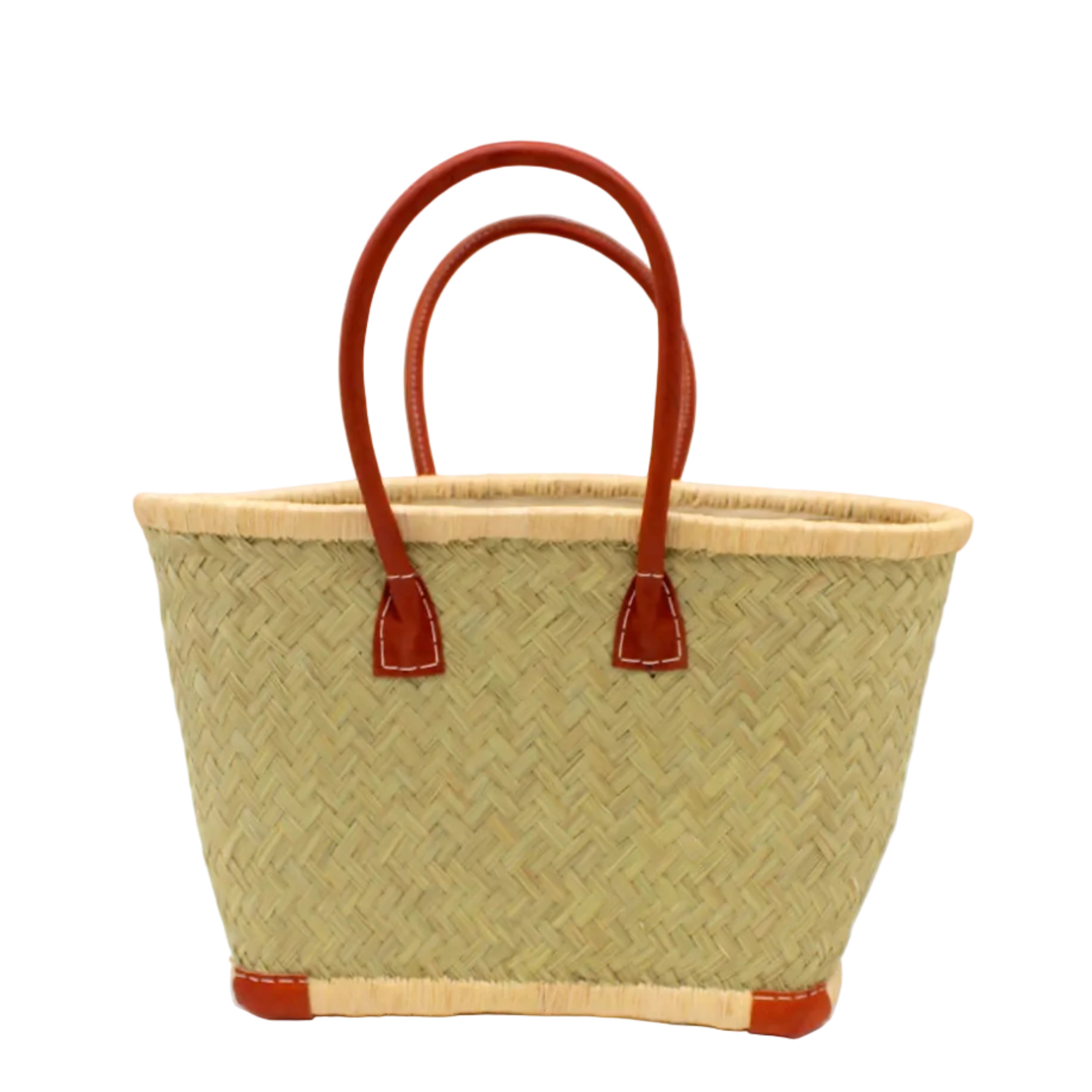 Tan Tan Woven Rush Straw Basket Tote Bag handmade woven natural rush fibers in a solid hue of seagrass light/green/natural reed color with looped raffia palm fiber top and bottom edging in natural straw color plus leather handles and feet handbag beach bag - Shebobo