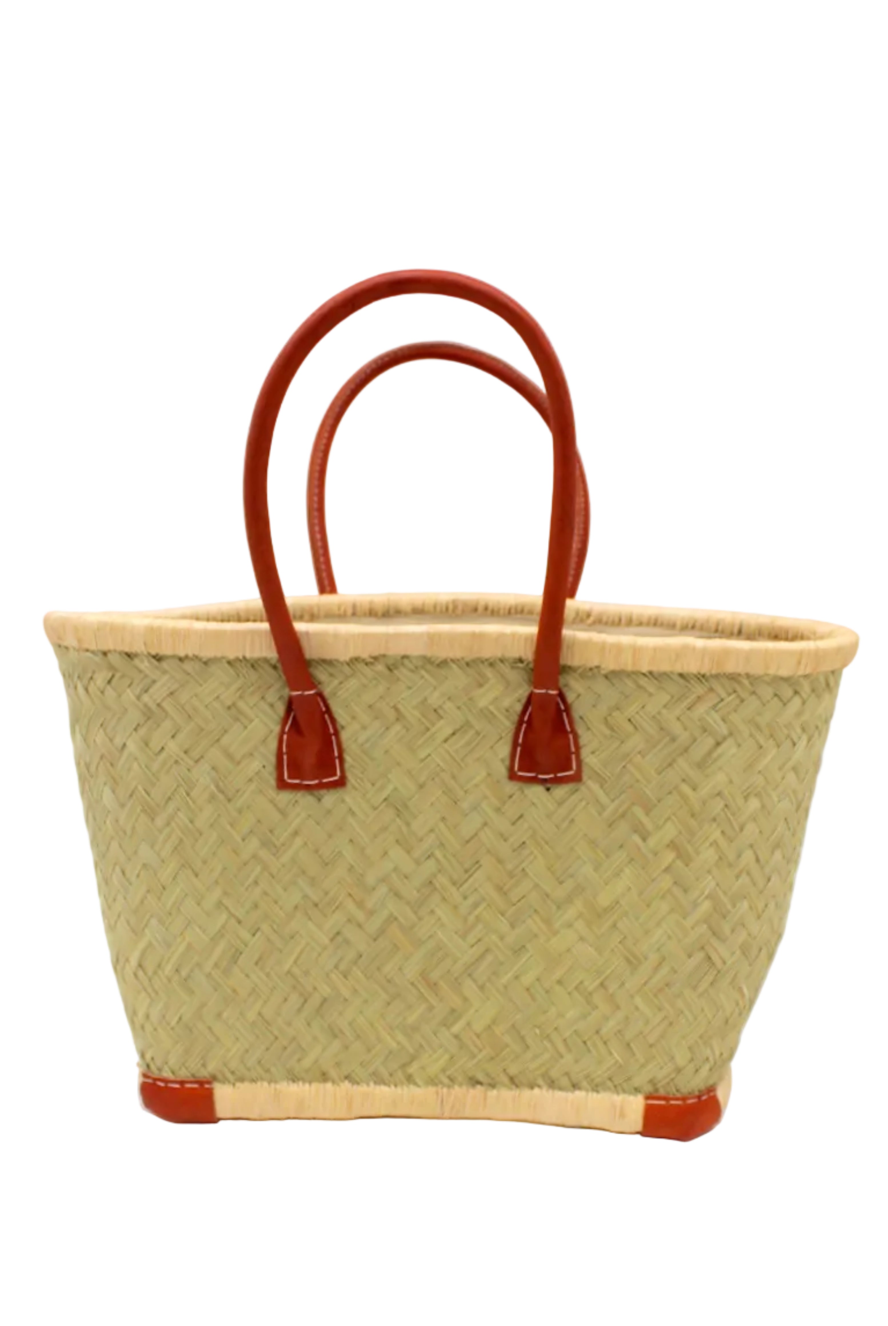 Tan Tan Woven Rush Straw Basket Tote Bag handmade woven natural rush fibers in a solid hue of seagrass light/green/natural reed color with looped raffia palm fiber top and bottom edging in natural straw color plus leather handles and feet handbag beach bag - Shebobo
