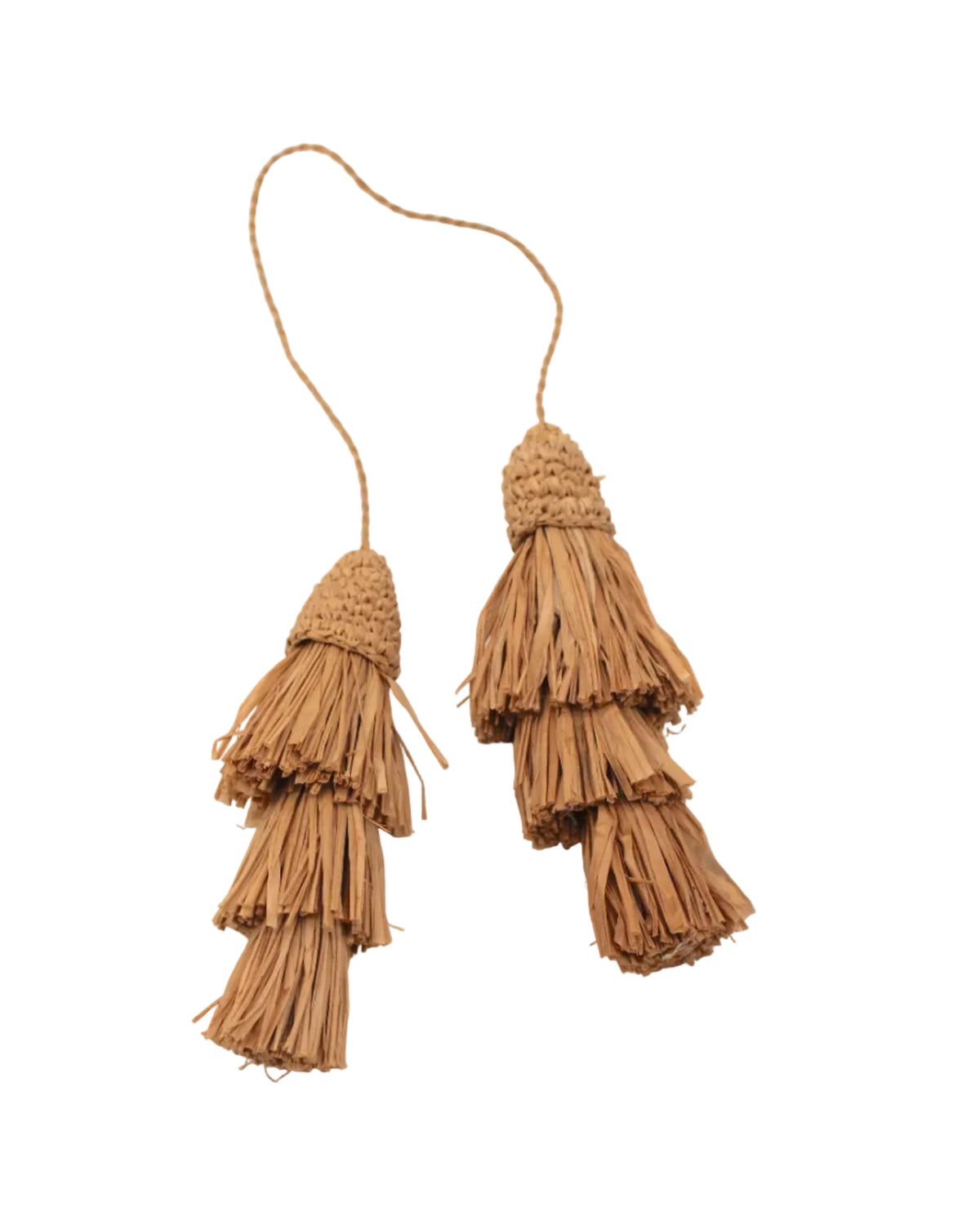 Tassel Tie Two Layered Raffia Straw Tiered Tufts Charm Embellishment handmade crochet and brushed natural raffia palm fiber in a single hue layered tuft tassel of Cappuccino light/brown beach bag handbag charm embellishment or party decor - Shebobo