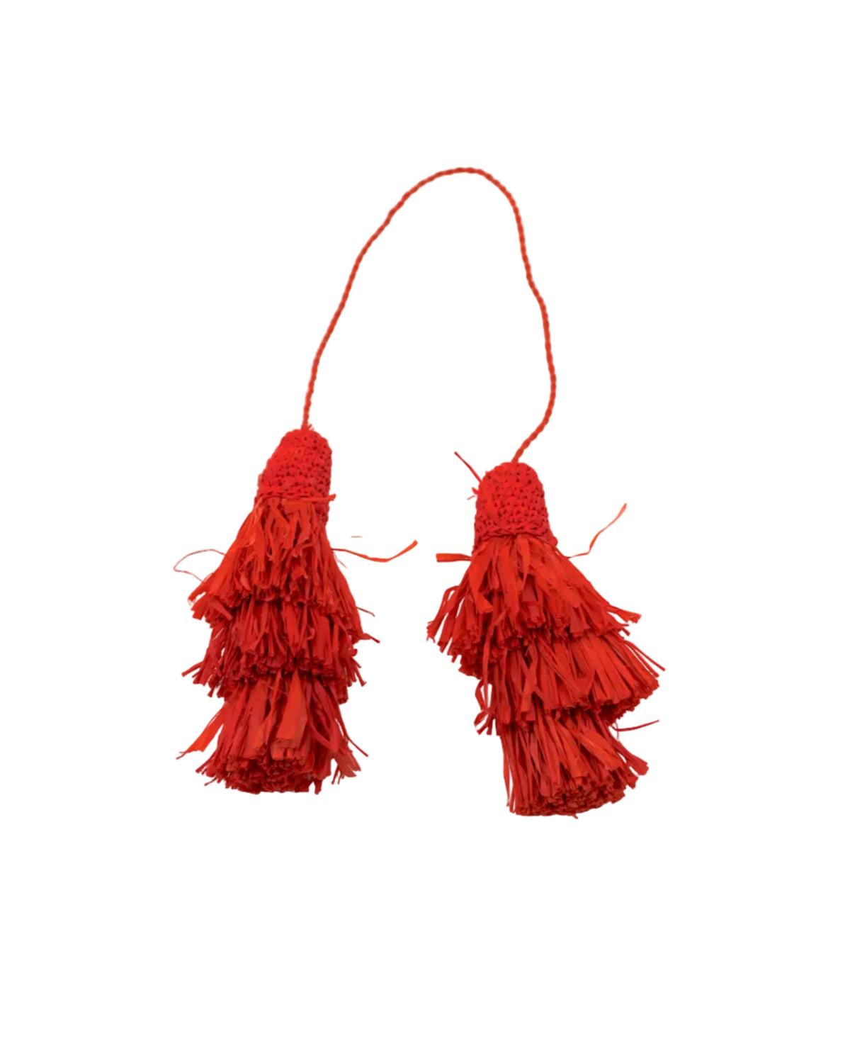 Tassel Tie Two Layered Raffia Straw Tiered Tufts Charm Embellishment handmade crochet and brushed natural raffia palm fiber in a single hue layered tuft tassel of Coral orange/red beach bag handbag charm embellishment or party decor - Shebobo