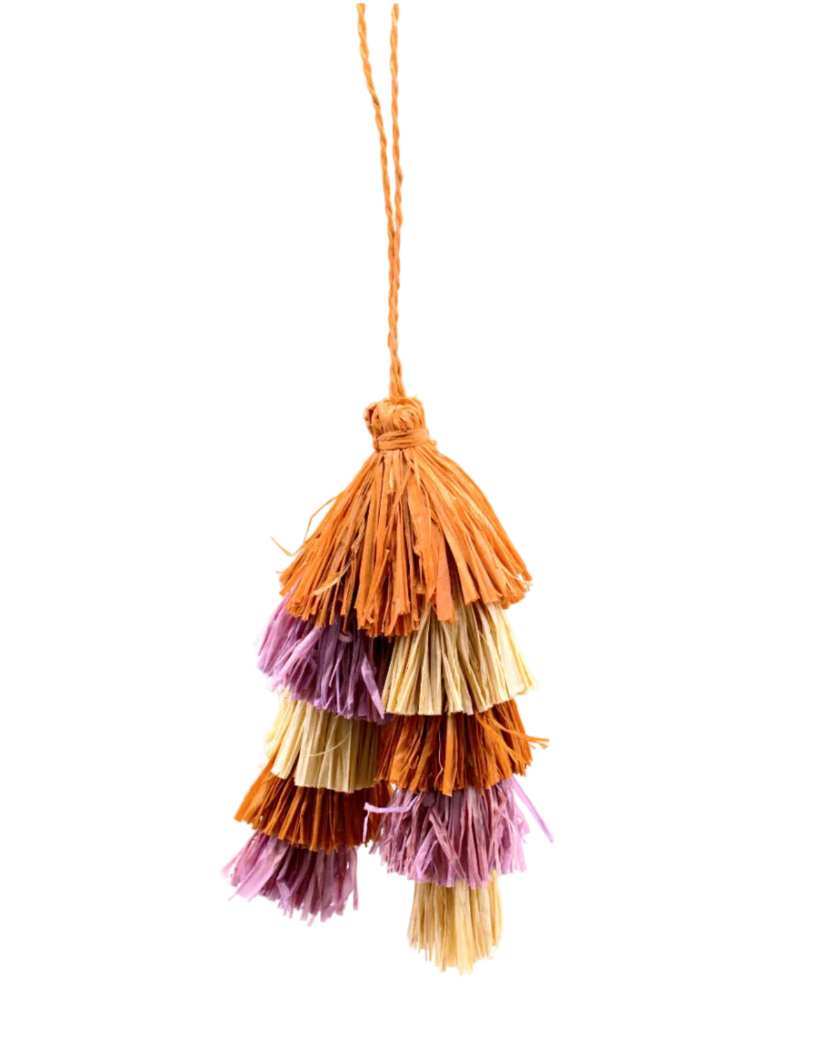 Tassels Layered Raffia Tufts Charm Embellishment Blush Multi handmade knotted and brushed natural raffia palm fiber in a multicolor layered tuft tassel of blush light/orange/pink, natural straw color, and lilas lilac/wisteria/light/purple beach bag handbag charm embellishment or party decor - Shebobo