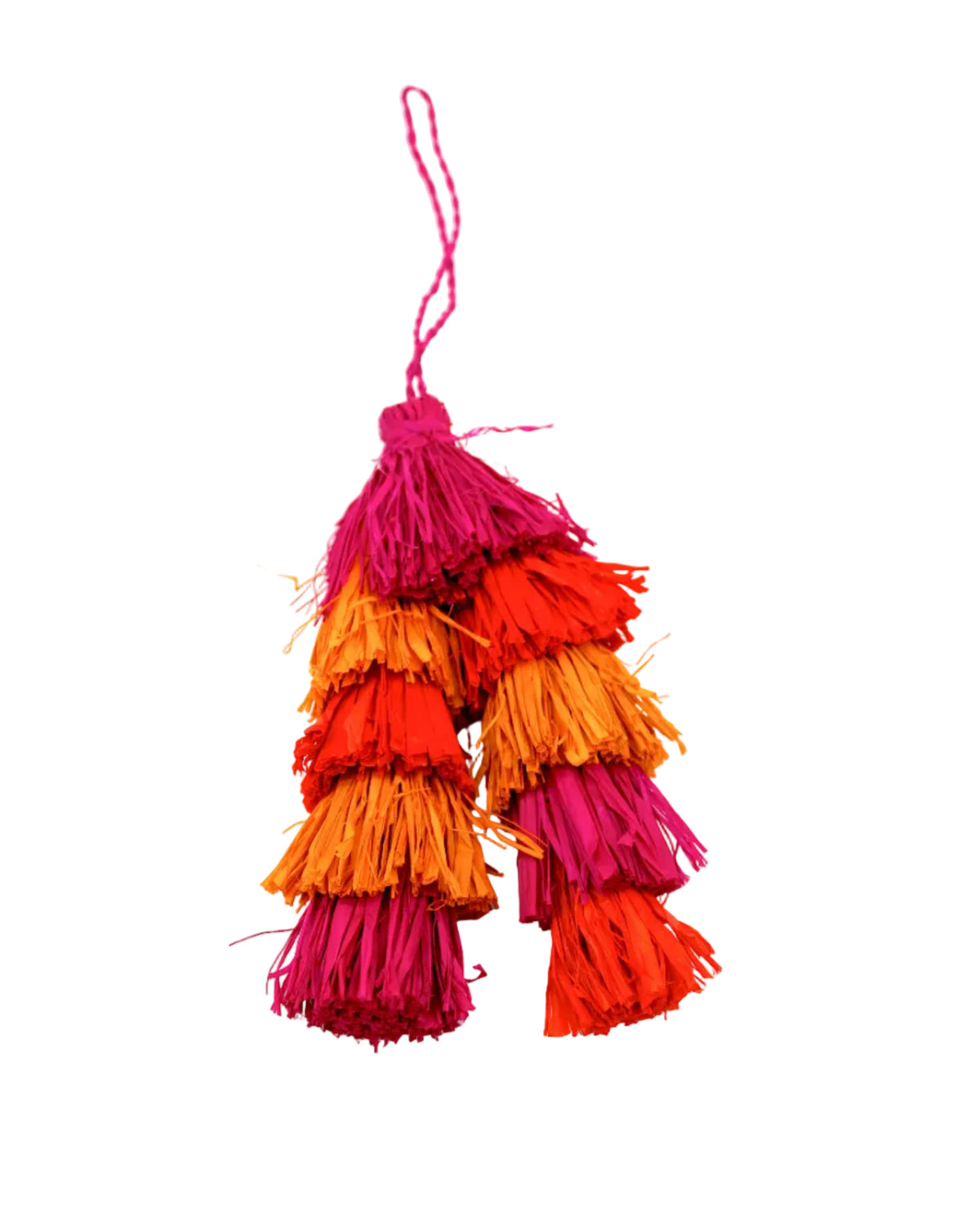 Tassels Layered Raffia Tufts Charm Embellishment Fuchsia Multi handmade knotted and brushed natural raffia palm fiber in a multicolor layered tuft tassel of fuchsia hot/bright/barbie/pink, coral orange/red, and saffron orange/yellow beach bag handbag charm embellishment or party decor - Shebobo