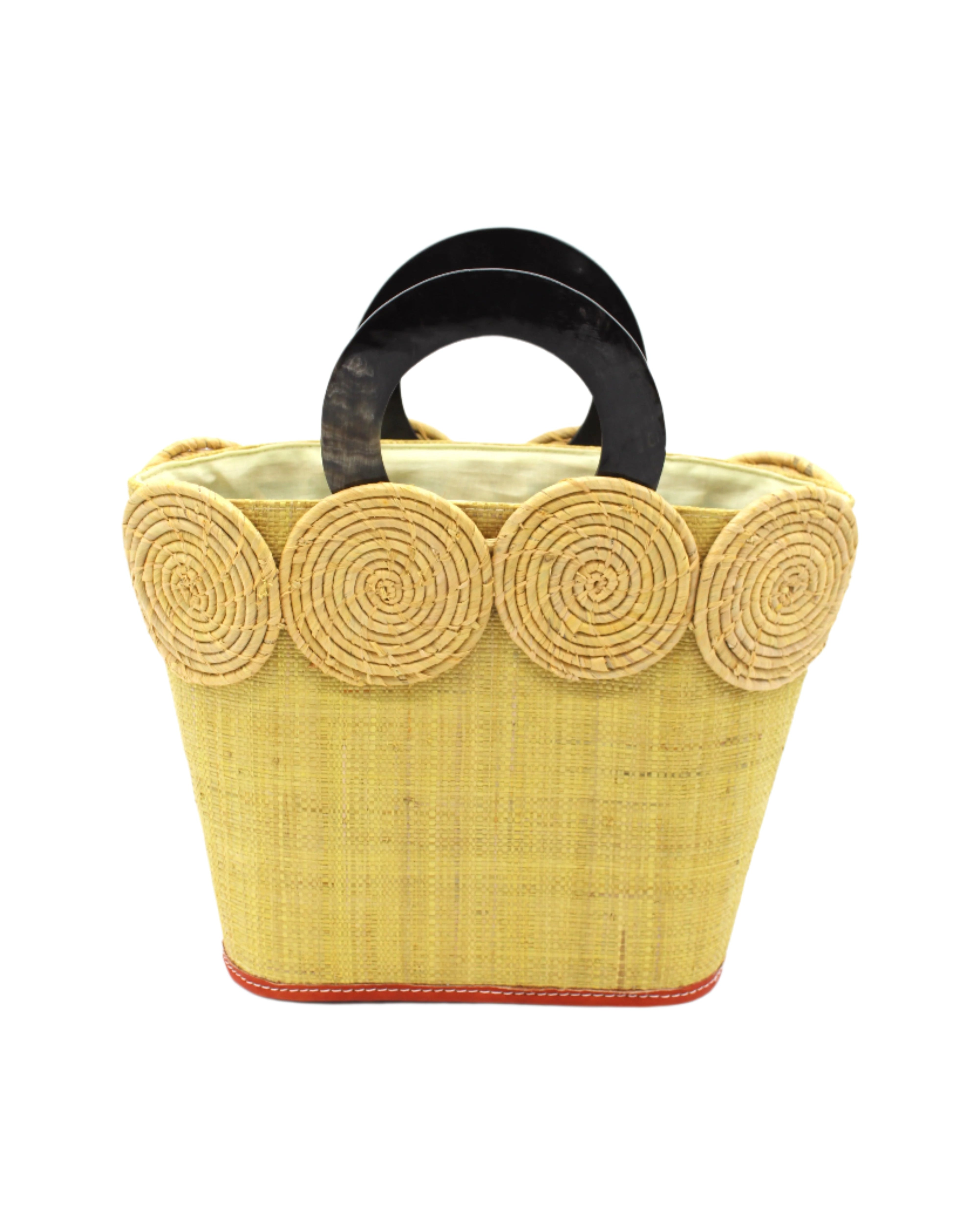 Tazi Disc Straw Handbag with Horn Handle handmade loomed raffia purse in butter light/yellow with matching wrapped raffia disc embellishment small bag - Shebobo