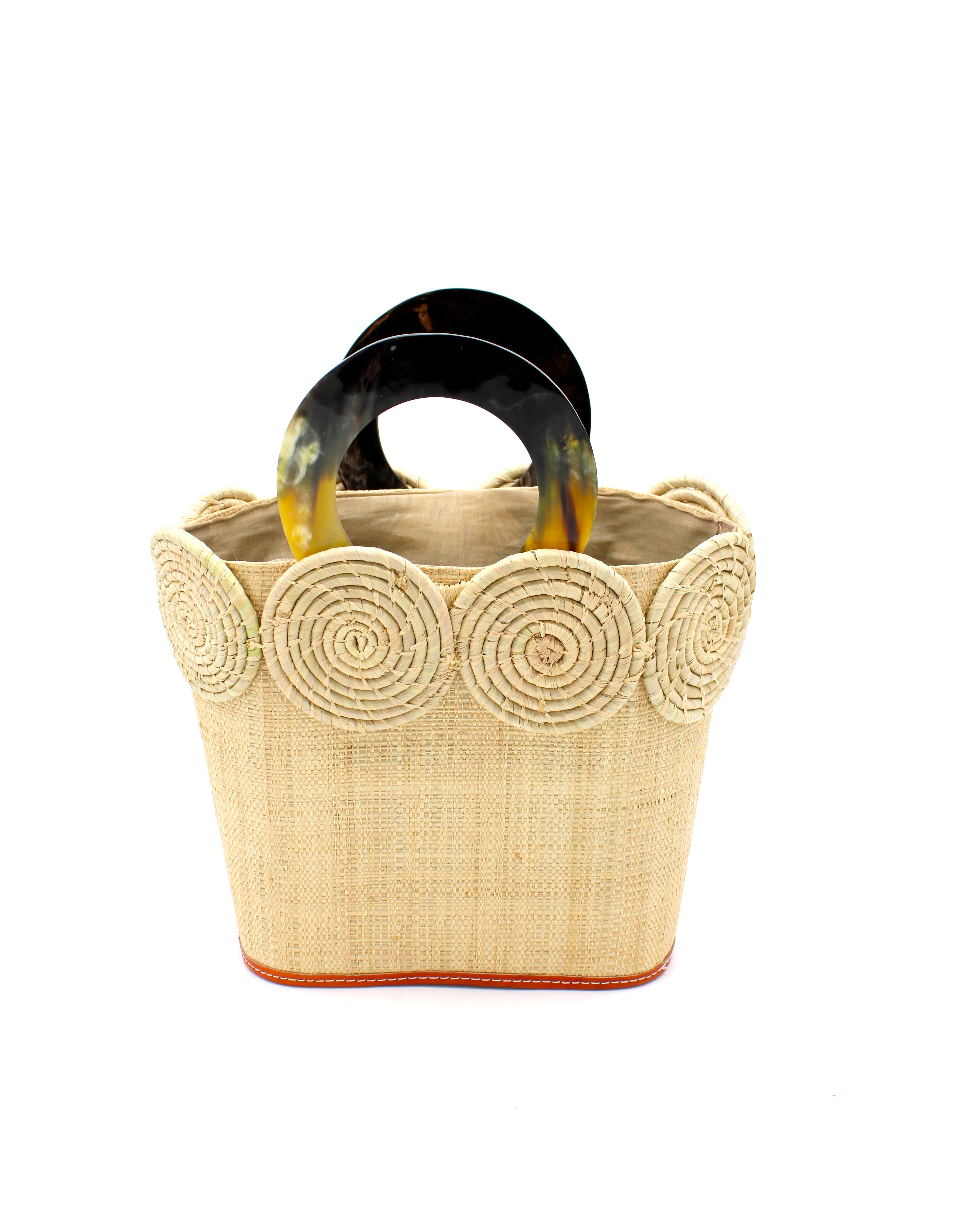 Tazi Disc Straw Handbag with Horn Handle handmade loomed raffia purse in natural straw color with matching wrapped raffia disc embellishment small bag - Shebobo