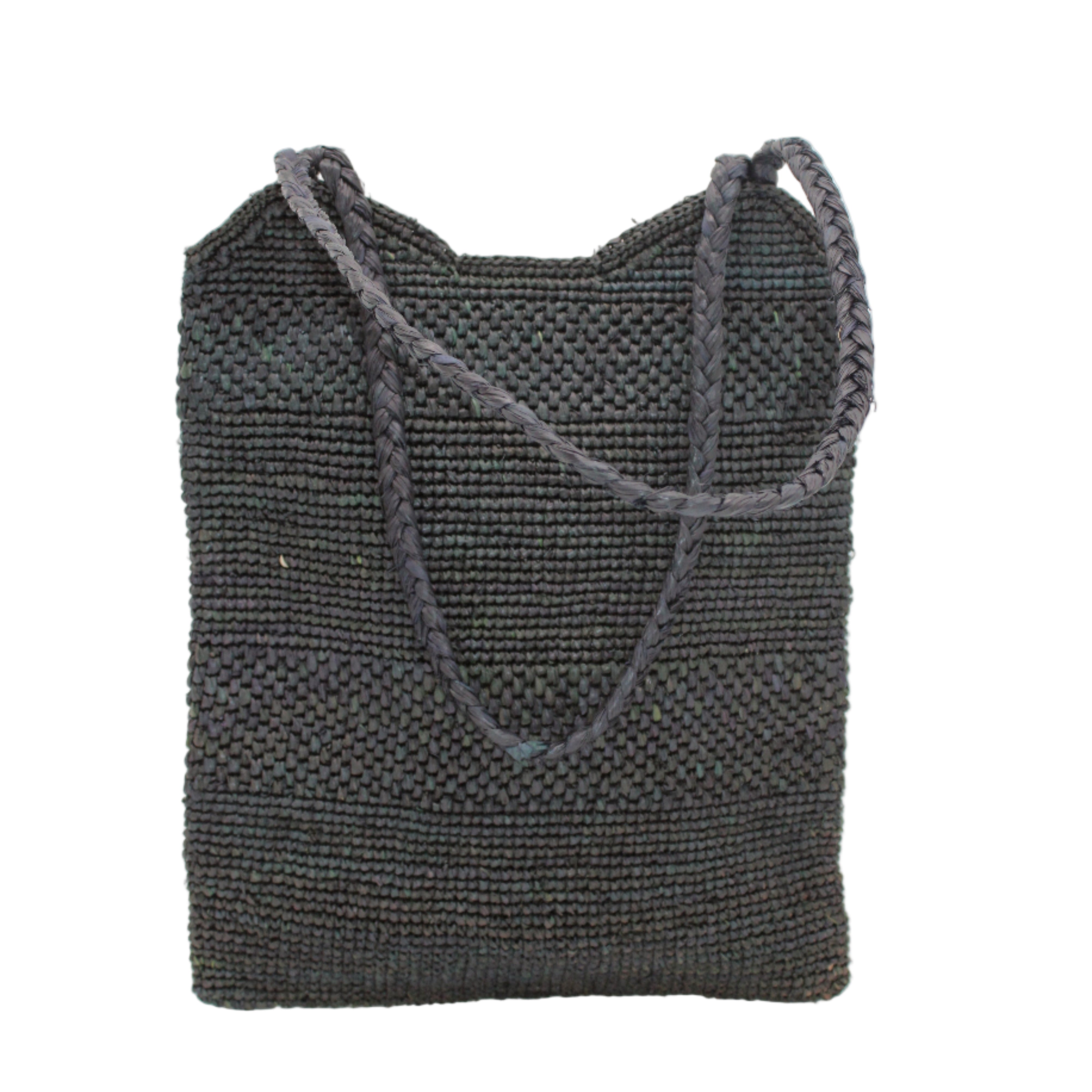 Tiana Crochet Straw Shoulder Bag Purse handmade crochet natural raffia palm fiber in a solid hue of Black in subtle textured horizontal bands of two link patterns with matching braided handles - Shebobo