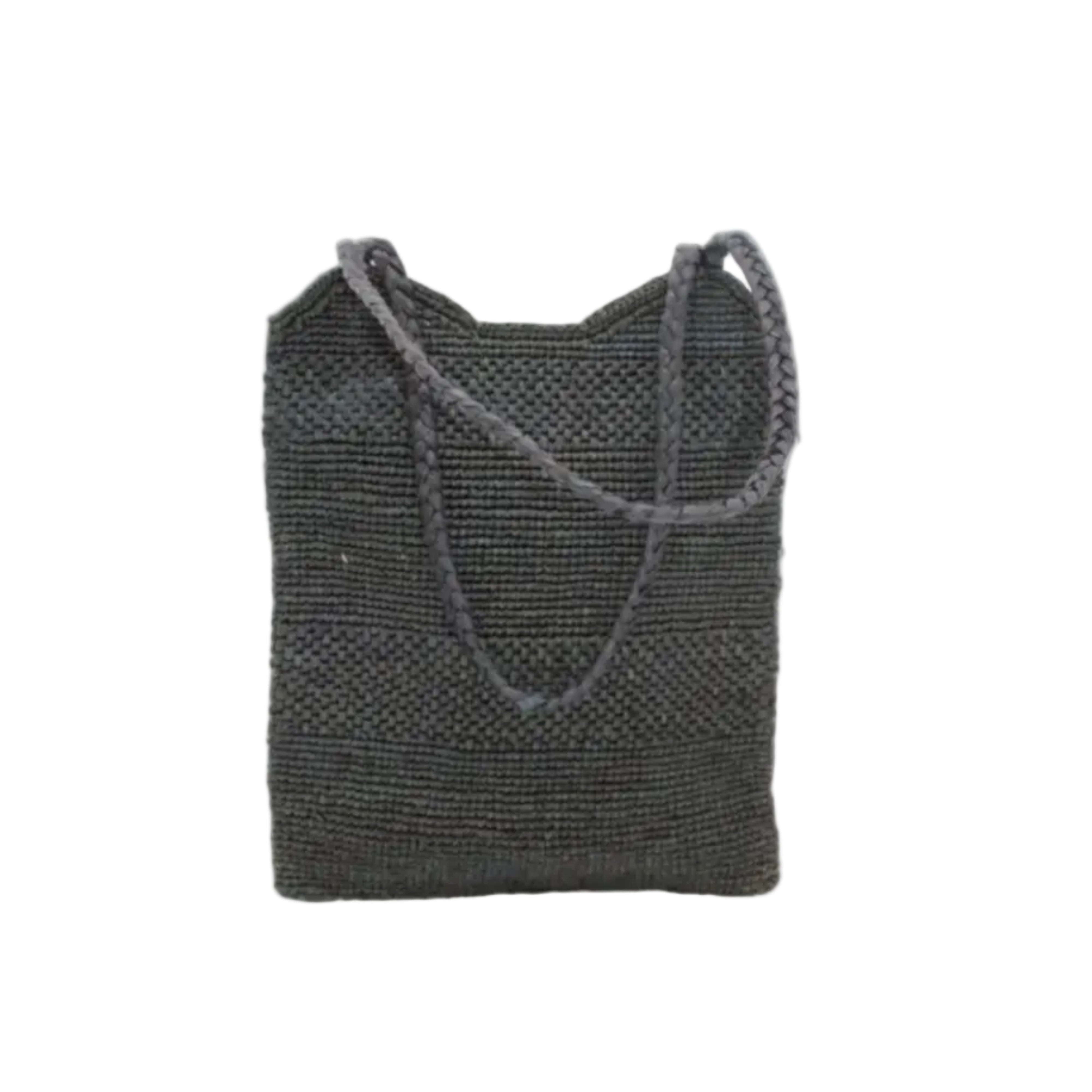 Tiana Crochet Straw Shoulder Bag Purse handmade crochet natural raffia palm fiber in a solid hue of Black in subtle textured horizontal bands of two link patterns with matching braided handles - Shebobo
