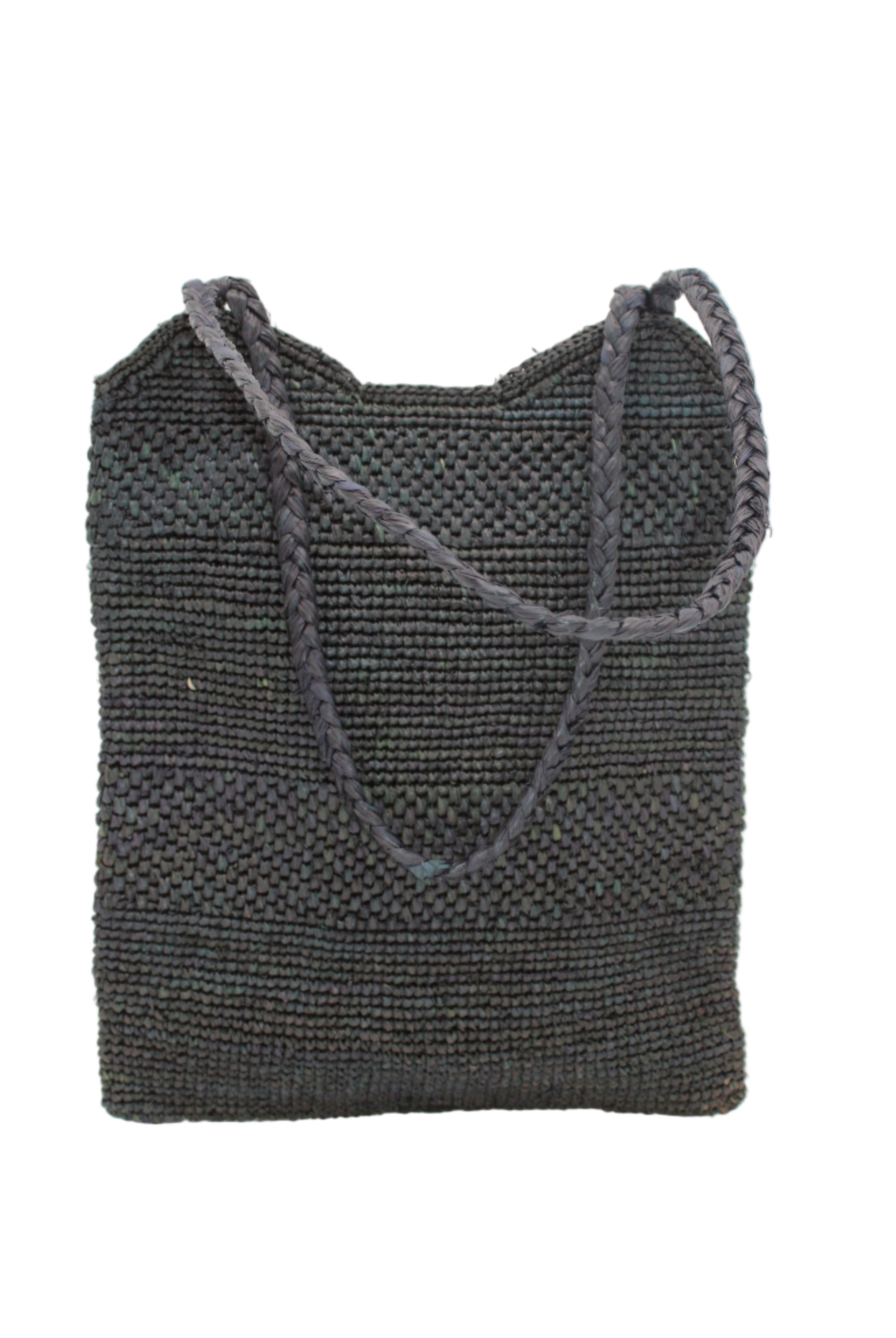 Tiana Crochet Straw Shoulder Bag Purse handmade crochet natural raffia palm fiber in a solid hue of Black in subtle textured horizontal bands of two link patterns with matching braided handles - Shebobo