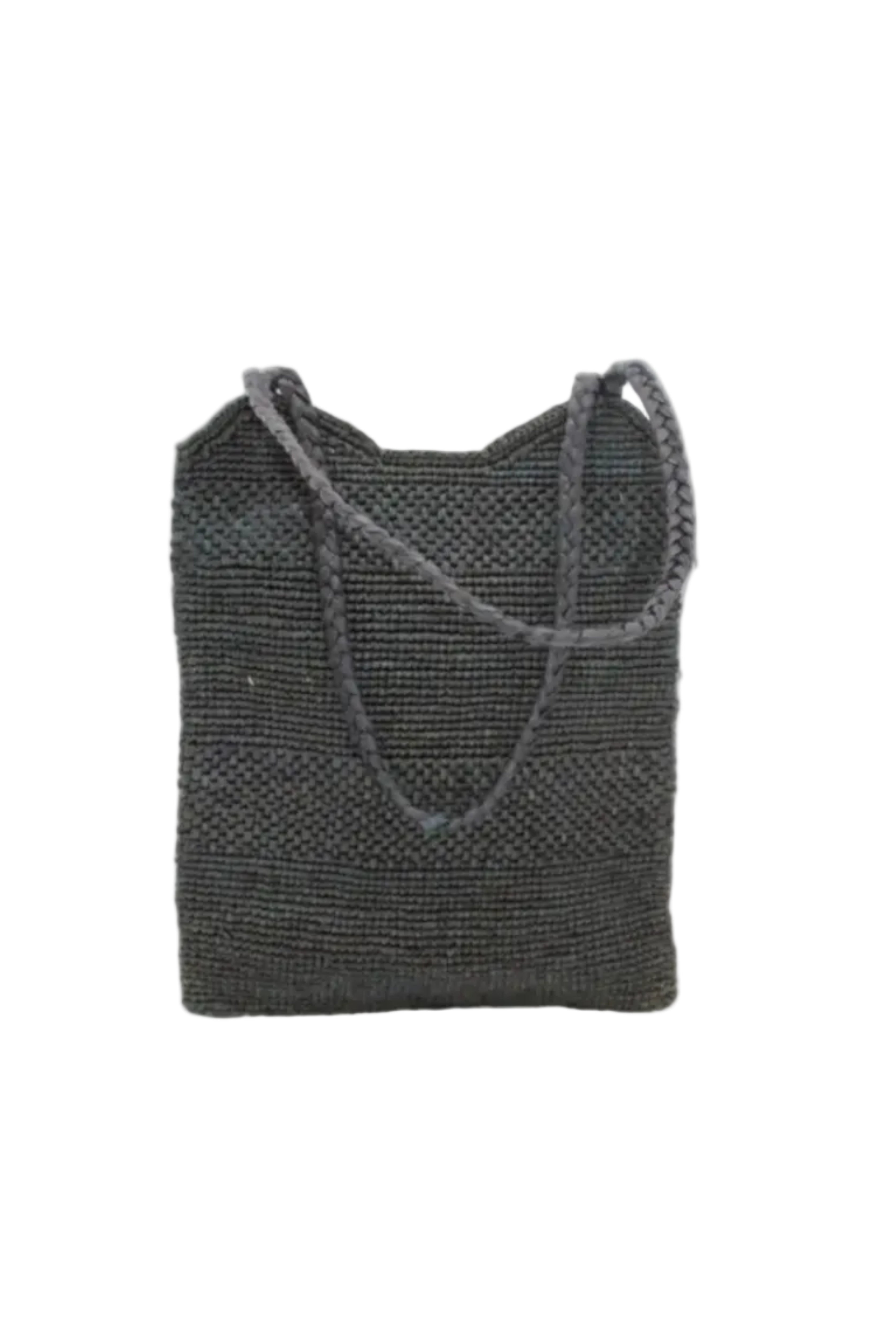 Tiana Crochet Straw Shoulder Bag Purse handmade crochet natural raffia palm fiber in a solid hue of Black in subtle textured horizontal bands of two link patterns with matching braided handles - Shebobo