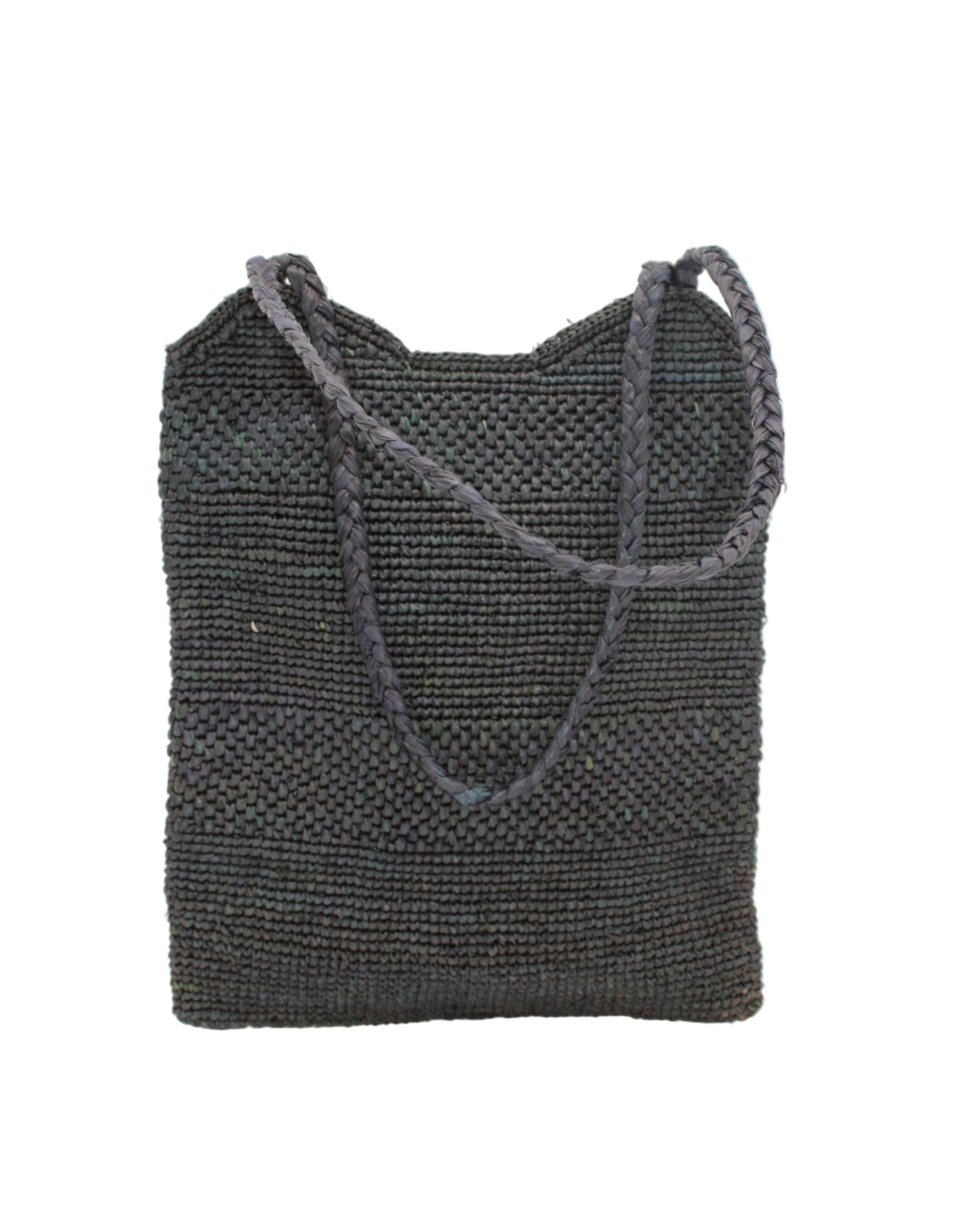 Tiana Crochet Straw Shoulder Bag Purse handmade crochet natural raffia palm fiber in a solid hue of Black in subtle textured horizontal bands of two link patterns with matching braided handles - Shebobo