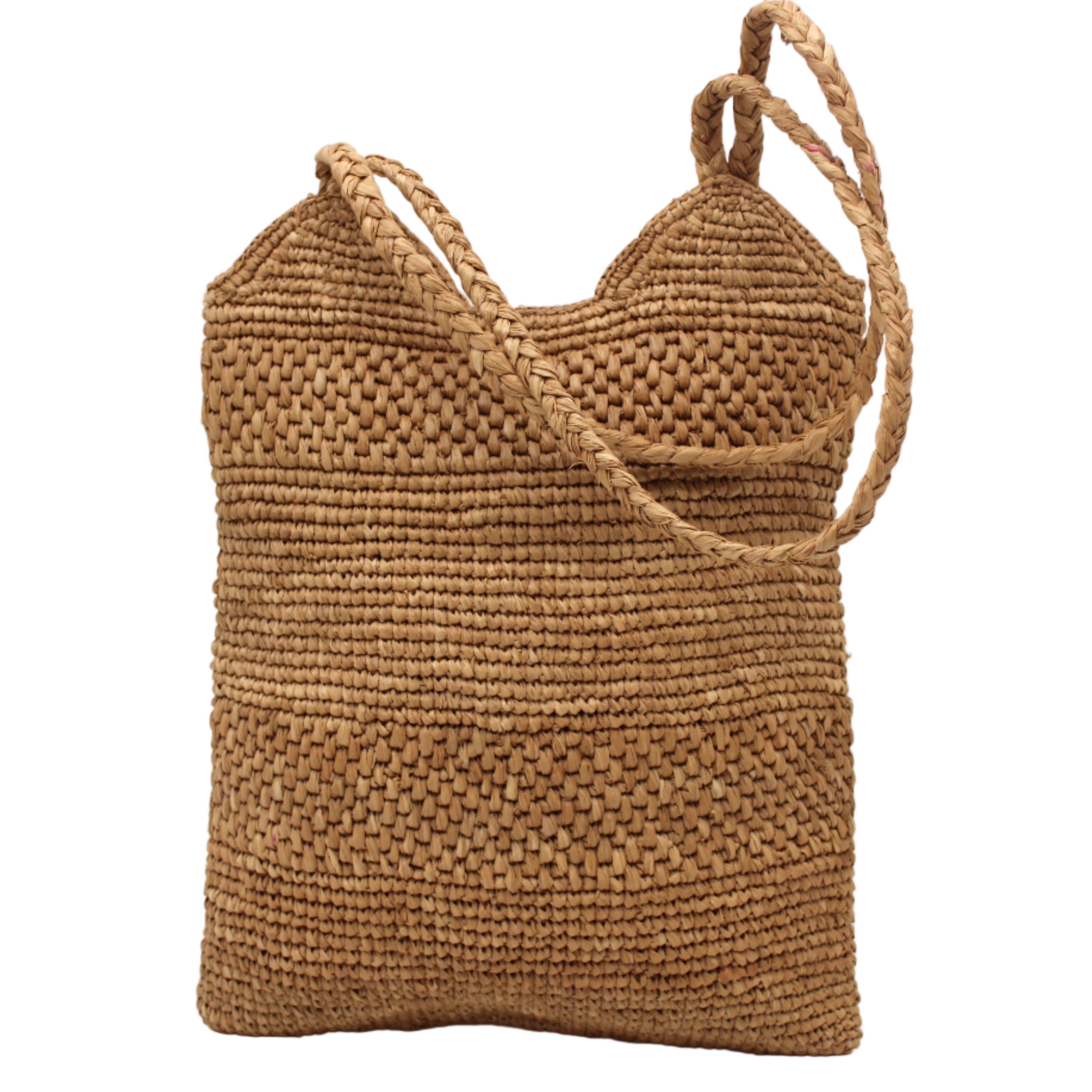 Tiana Crochet Straw Shoulder Bag Purse handmade crochet natural raffia palm fiber in a solid hue of Cappuccino tea/light/brown in subtle textured horizontal bands of two link patterns with matching braided handles - Shebobo