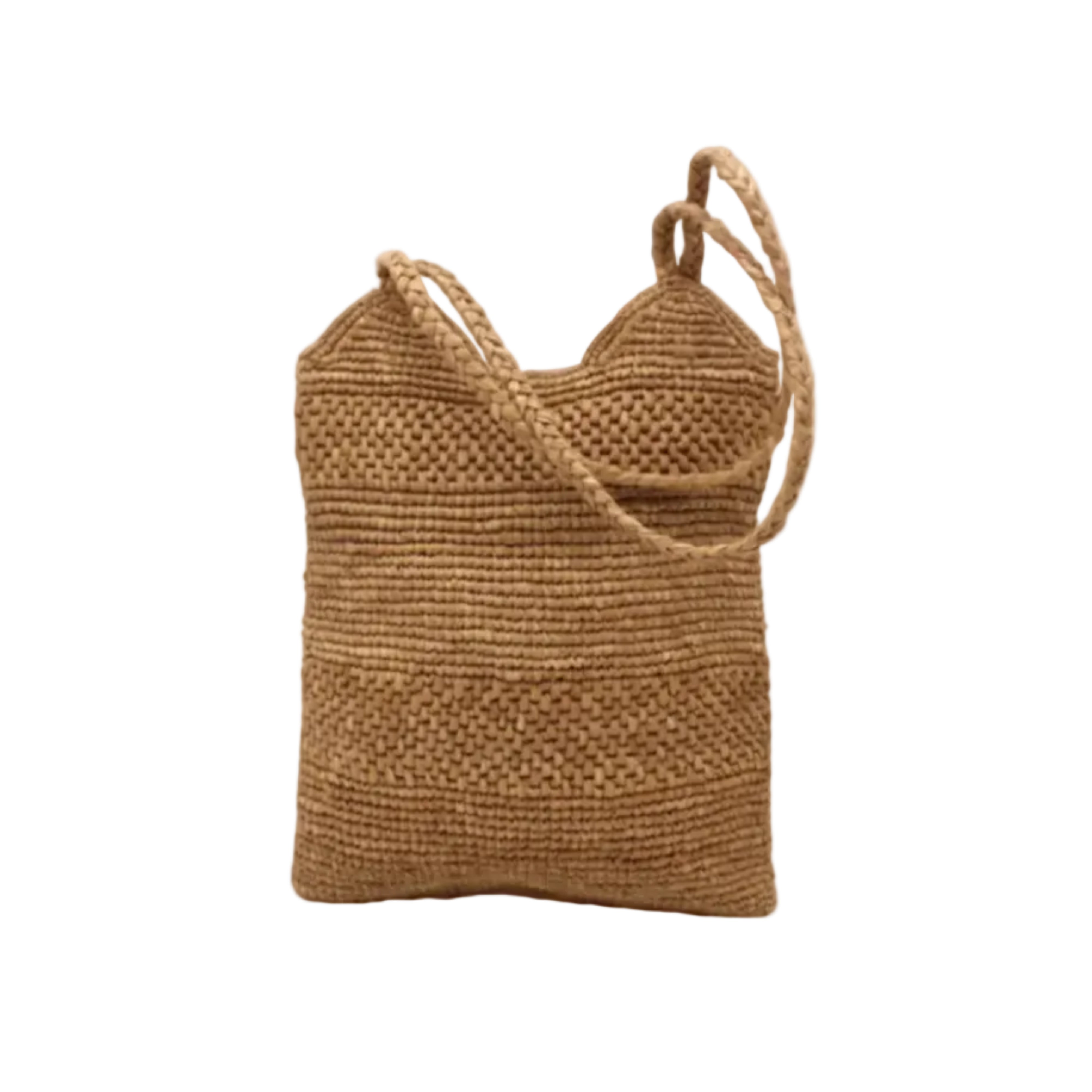 Tiana Crochet Straw Shoulder Bag Purse handmade crochet natural raffia palm fiber in a solid hue of Cappuccino tea/light/brown in subtle textured horizontal bands of two link patterns with matching braided handles - Shebobo