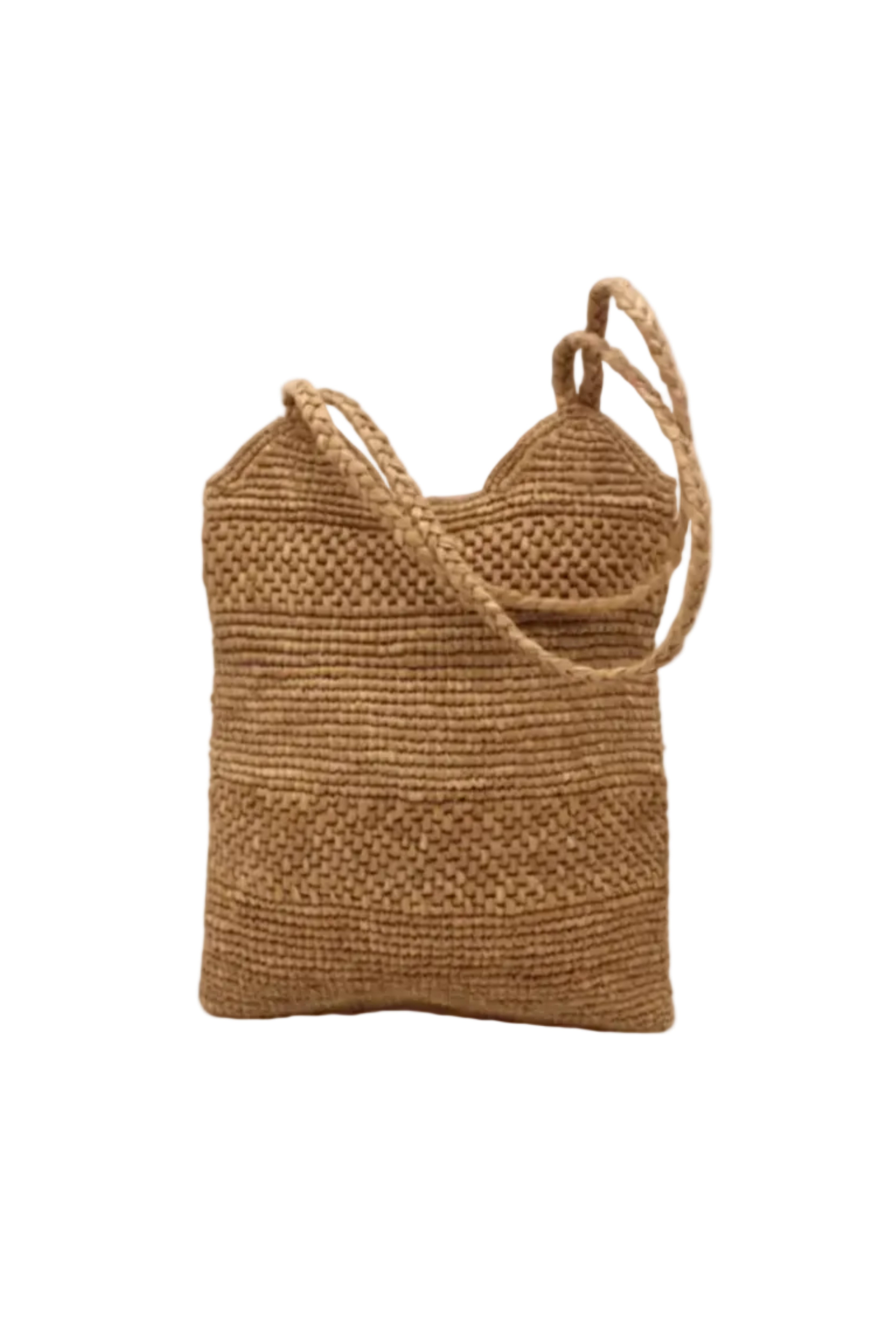 Tiana Crochet Straw Shoulder Bag Purse handmade crochet natural raffia palm fiber in a solid hue of Cappuccino tea/light/brown in subtle textured horizontal bands of two link patterns with matching braided handles - Shebobo