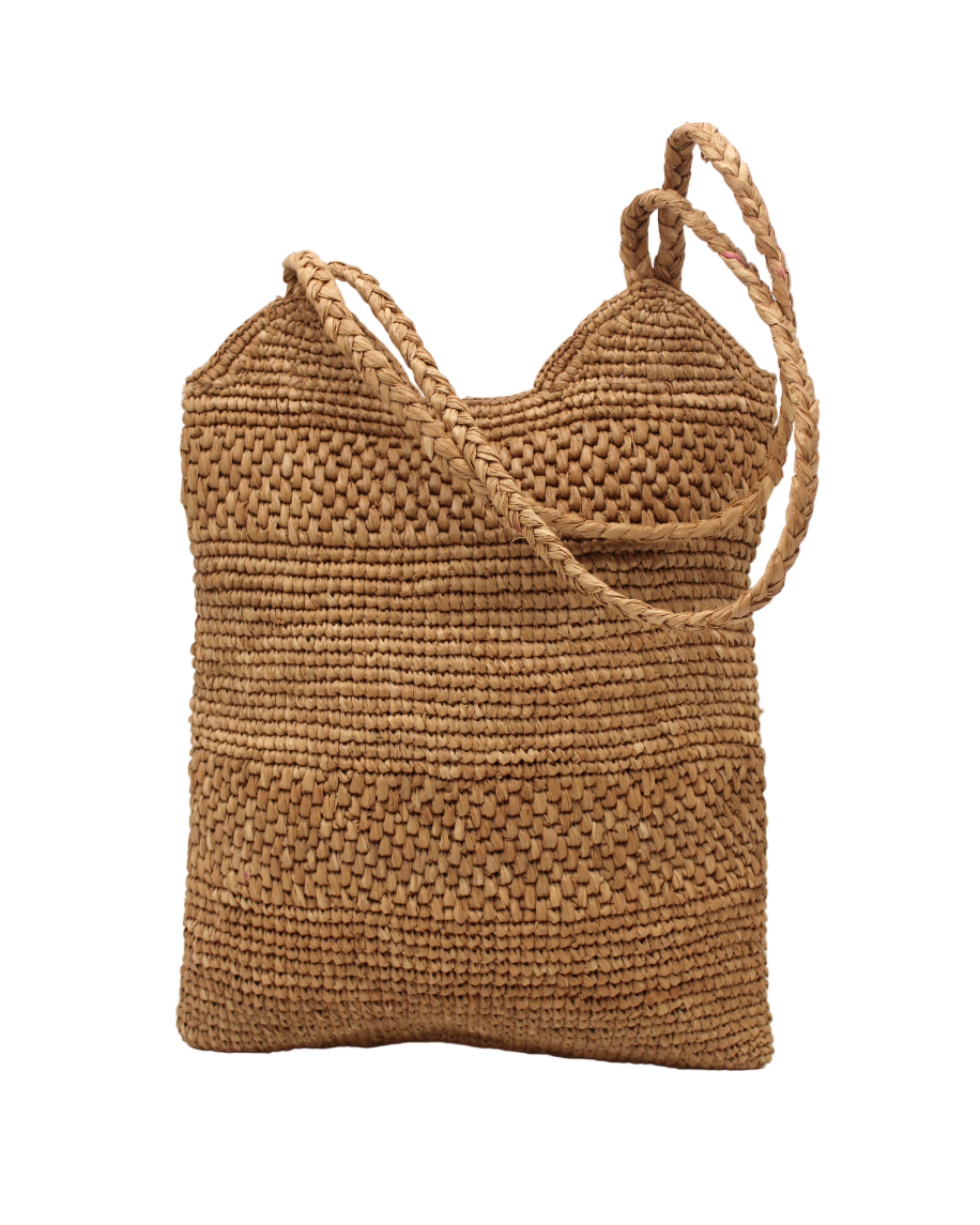 Tiana Crochet Straw Shoulder Bag Purse handmade crochet natural raffia palm fiber in a solid hue of Cappuccino tea/light/brown in subtle textured horizontal bands of two link patterns with matching braided handles - Shebobo