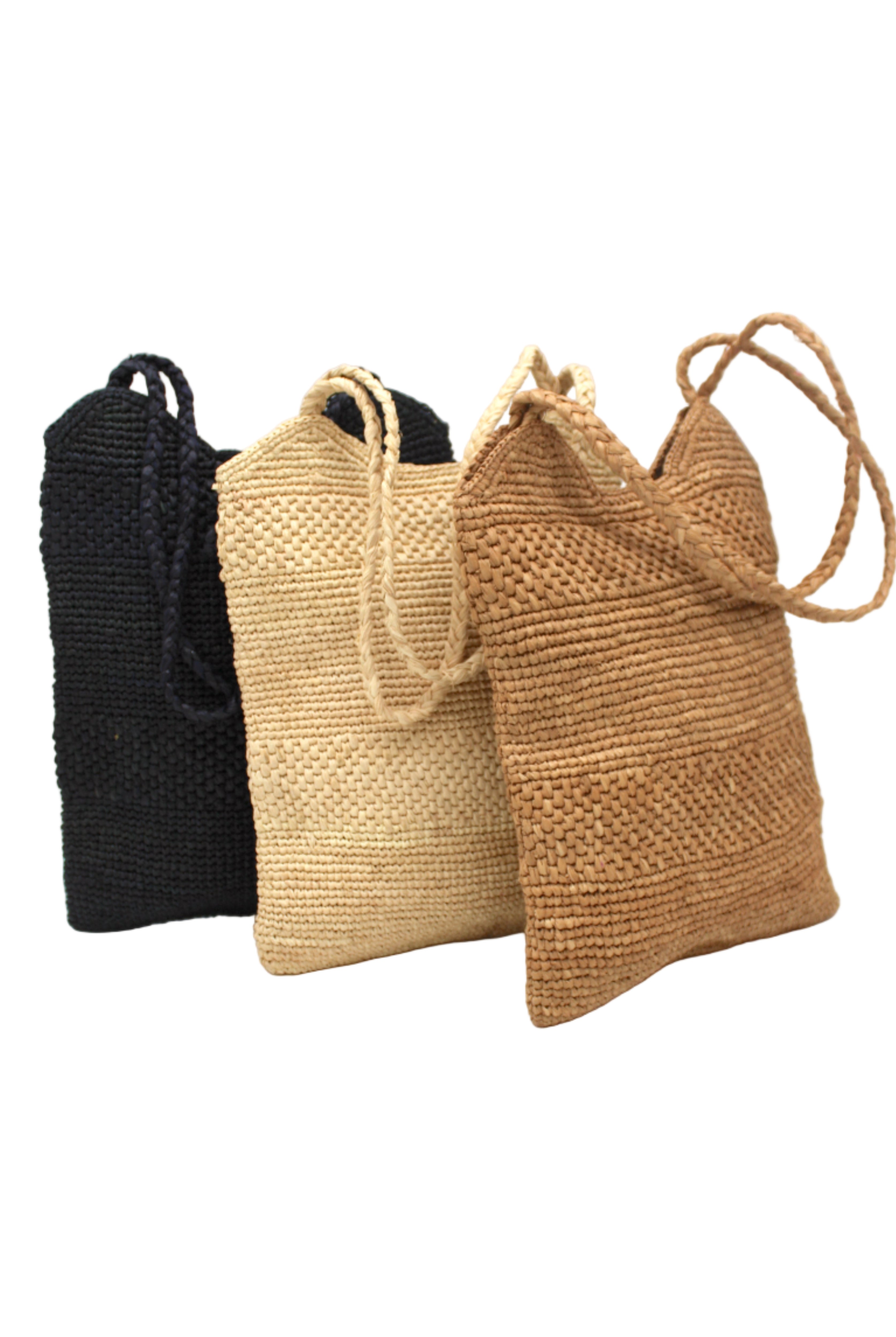 Color options of Tiana Crochet Straw Shoulder Bag Purse handmade crochet natural raffia palm fiber in a solid hue of Black, Natural straw color, or Cappuccino tea/light/brown in subtle textured horizontal bands of two link patterns with matching braided handles - Shebobo