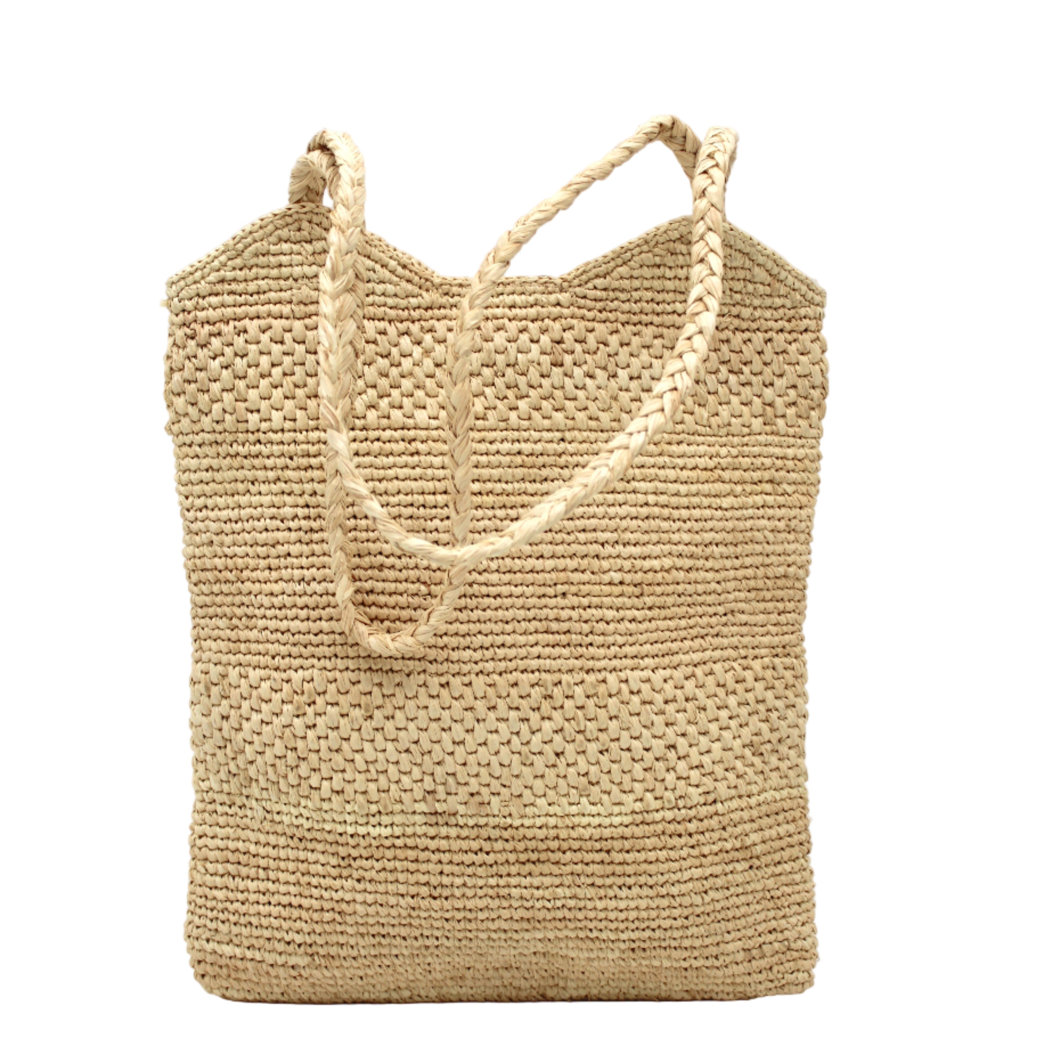 Tiana Crochet Straw Shoulder Bag Purse handmade crochet natural raffia palm fiber in a solid hue of natural straw color in subtle textured horizontal bands of two link patterns with matching braided handles - Shebobo