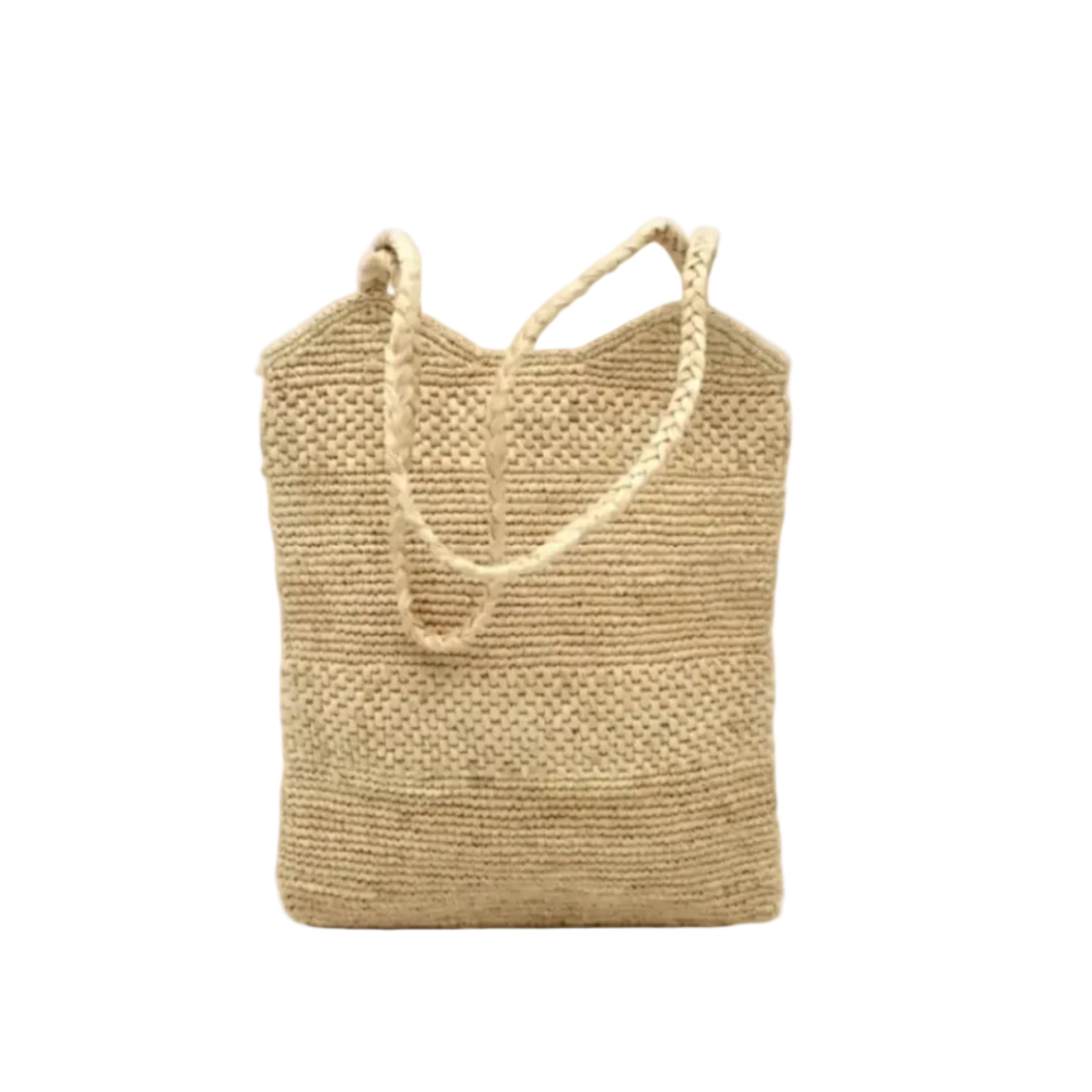 Tiana Crochet Straw Shoulder Bag Purse handmade crochet natural raffia palm fiber in a solid hue of natural straw color in subtle textured horizontal bands of two link patterns with matching braided handles - Shebobo
