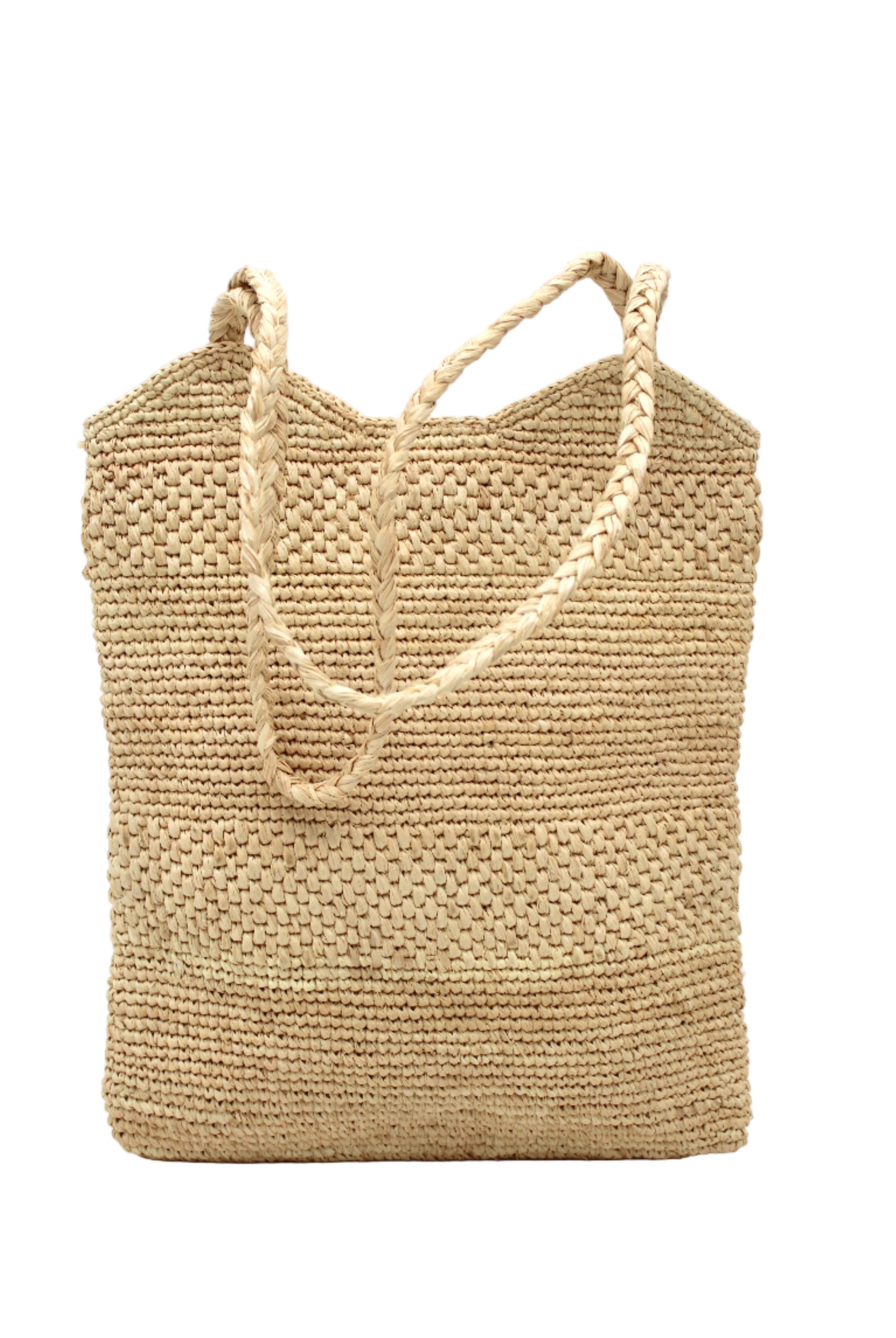 Tiana Crochet Straw Shoulder Bag Purse handmade crochet natural raffia palm fiber in a solid hue of natural straw color in subtle textured horizontal bands of two link patterns with matching braided handles - Shebobo