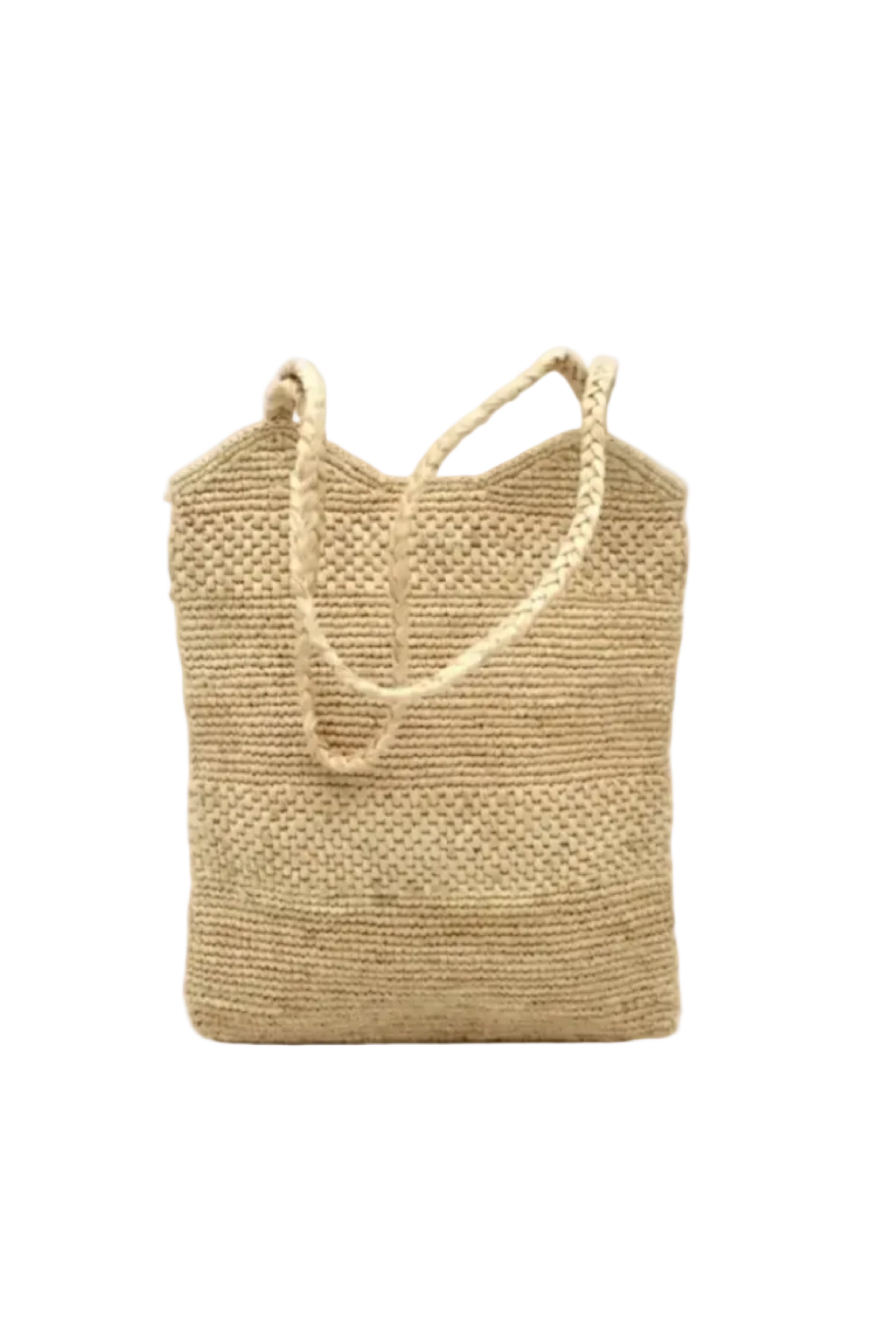 Tiana Crochet Straw Shoulder Bag Purse handmade crochet natural raffia palm fiber in a solid hue of natural straw color in subtle textured horizontal bands of two link patterns with matching braided handles - Shebobo