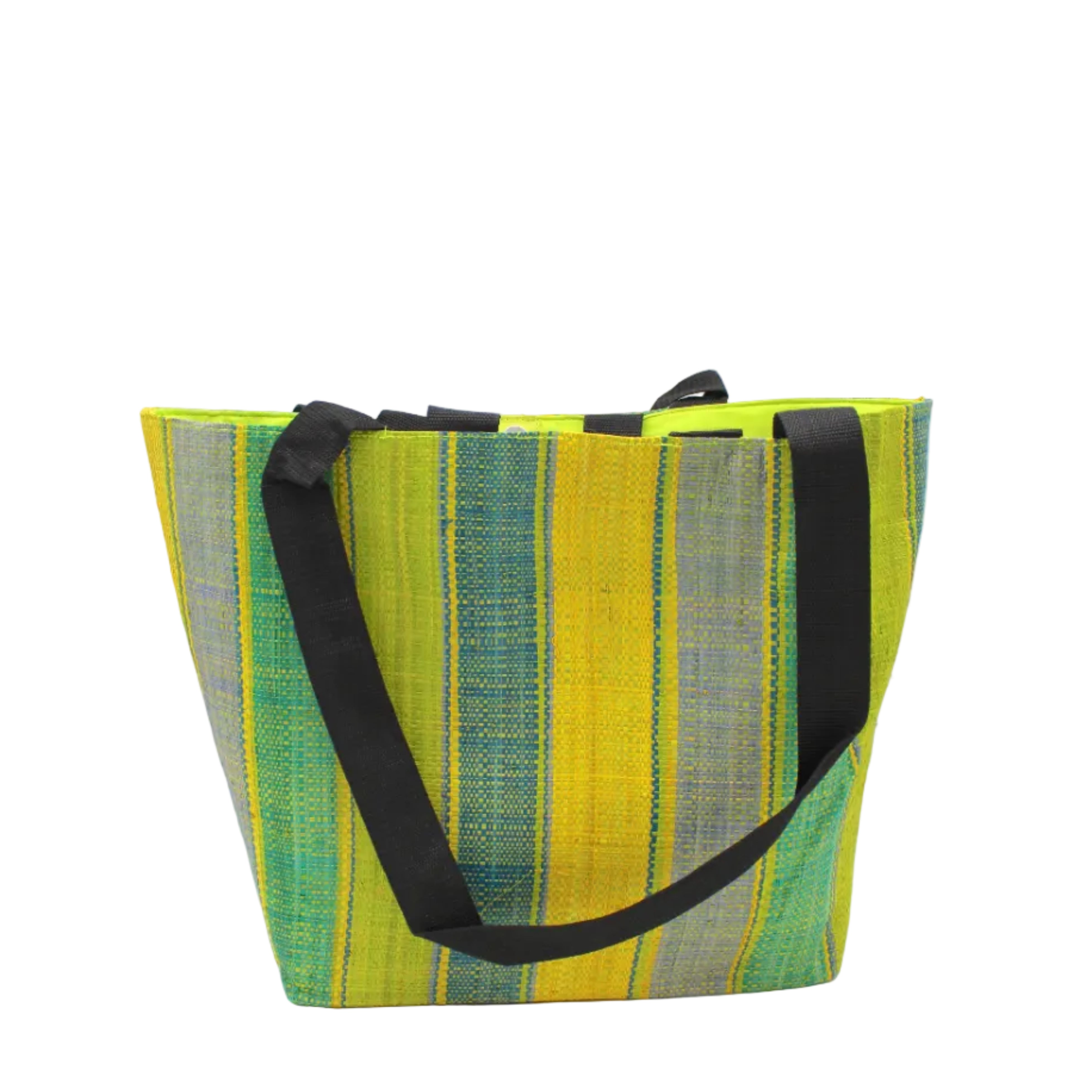 Tiburon Izarra Swirl Straw Duffle Bag Shoulder & Handbag Combination handmade loomed natural raffia palm fiber in a multicolor vertical stripe pattern of multi width bands of lime green, yellow, denim light/blue, turquoise, teal, navy, and natural straw color, etc. with four black webbing handles sports tote bag purse - Shebobo