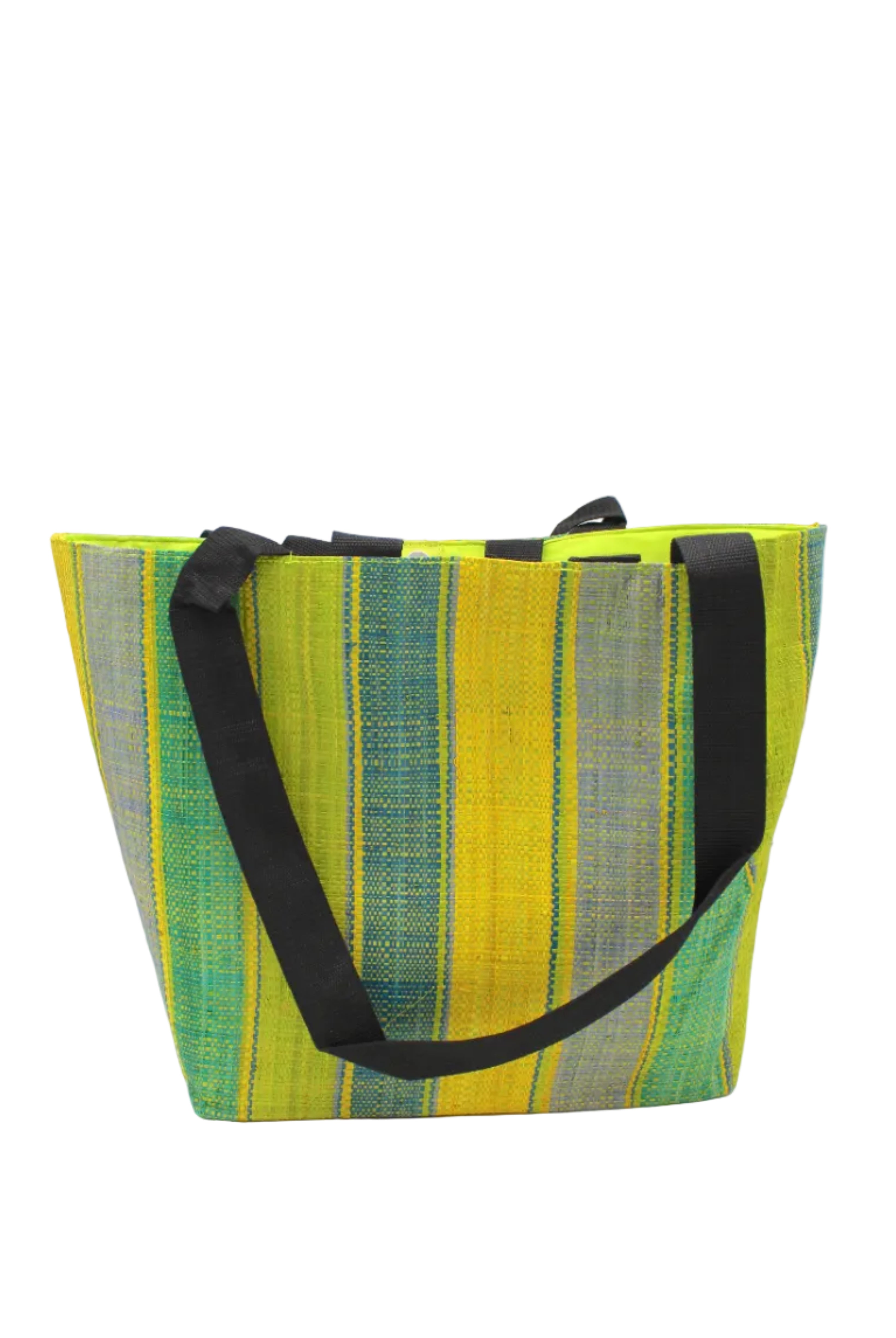 Tiburon Izarra Swirl Straw Duffle Bag Shoulder & Handbag Combination handmade loomed natural raffia palm fiber in a multicolor vertical stripe pattern of multi width bands of lime green, yellow, denim light/blue, turquoise, teal, navy, and natural straw color, etc. with four black webbing handles sports tote bag purse - Shebobo