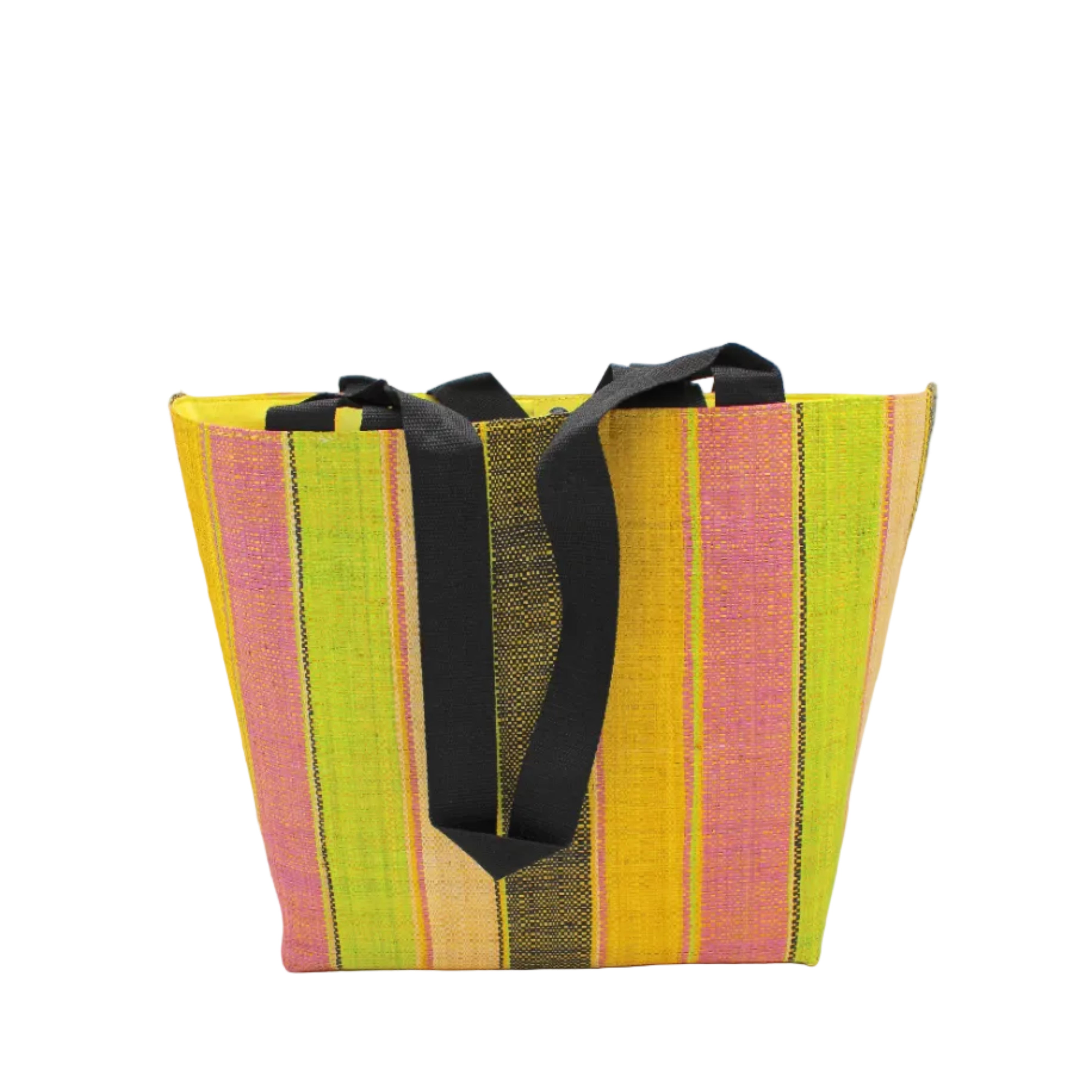 Tiburon Lemonade Swirl Straw Duffle Bag Shoulder & Handbag Combination handmade loomed natural raffia palm fiber in a multicolor vertical stripe pattern of multi width bands of black, saffron yellow, lime green, purple pink, and natural straw color, etc. with four black webbing handles sports tote bag purse - Shebobo