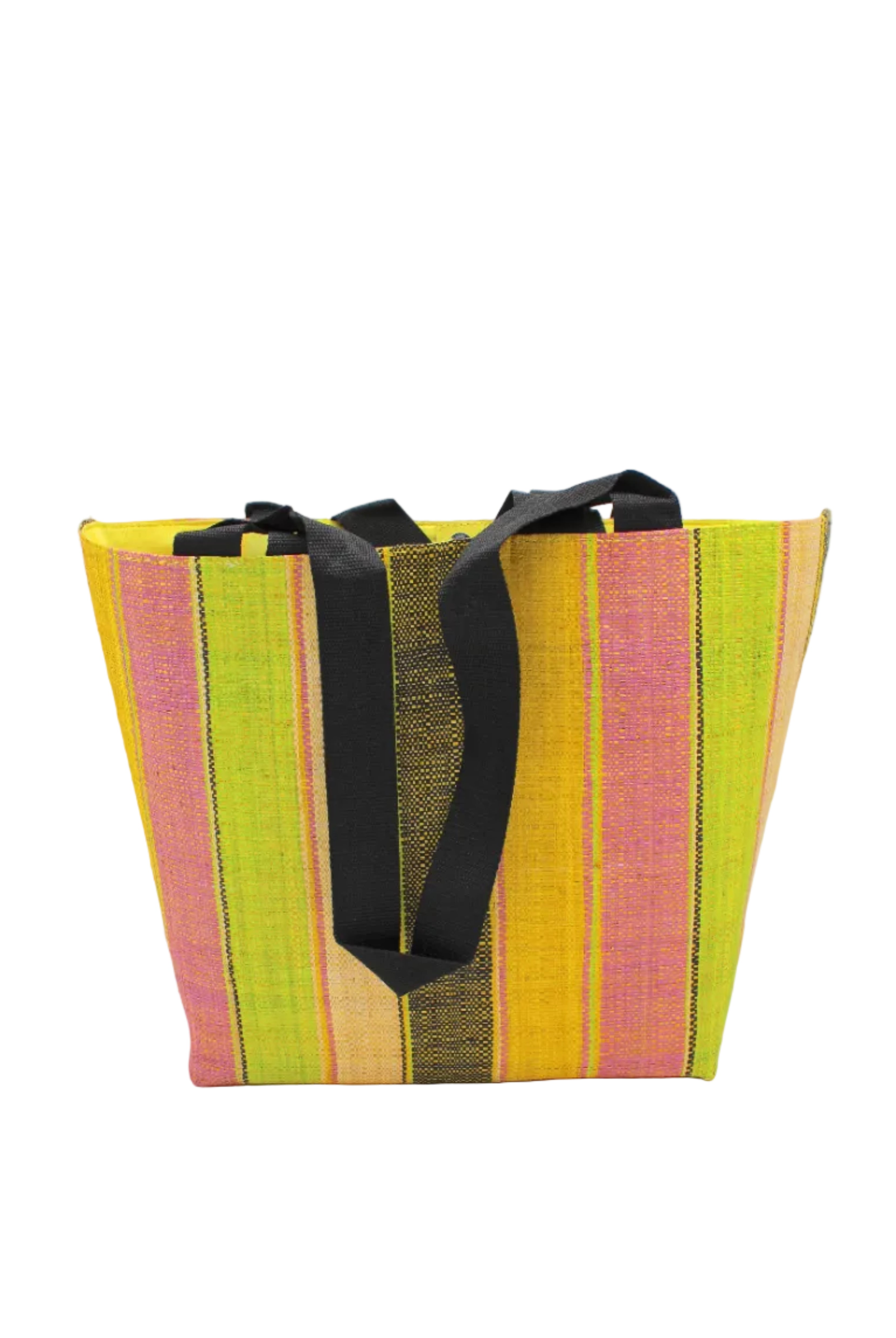 Tiburon Lemonade Swirl Straw Duffle Bag Shoulder & Handbag Combination handmade loomed natural raffia palm fiber in a multicolor vertical stripe pattern of multi width bands of black, saffron yellow, lime green, purple pink, and natural straw color, etc. with four black webbing handles sports tote bag purse - Shebobo